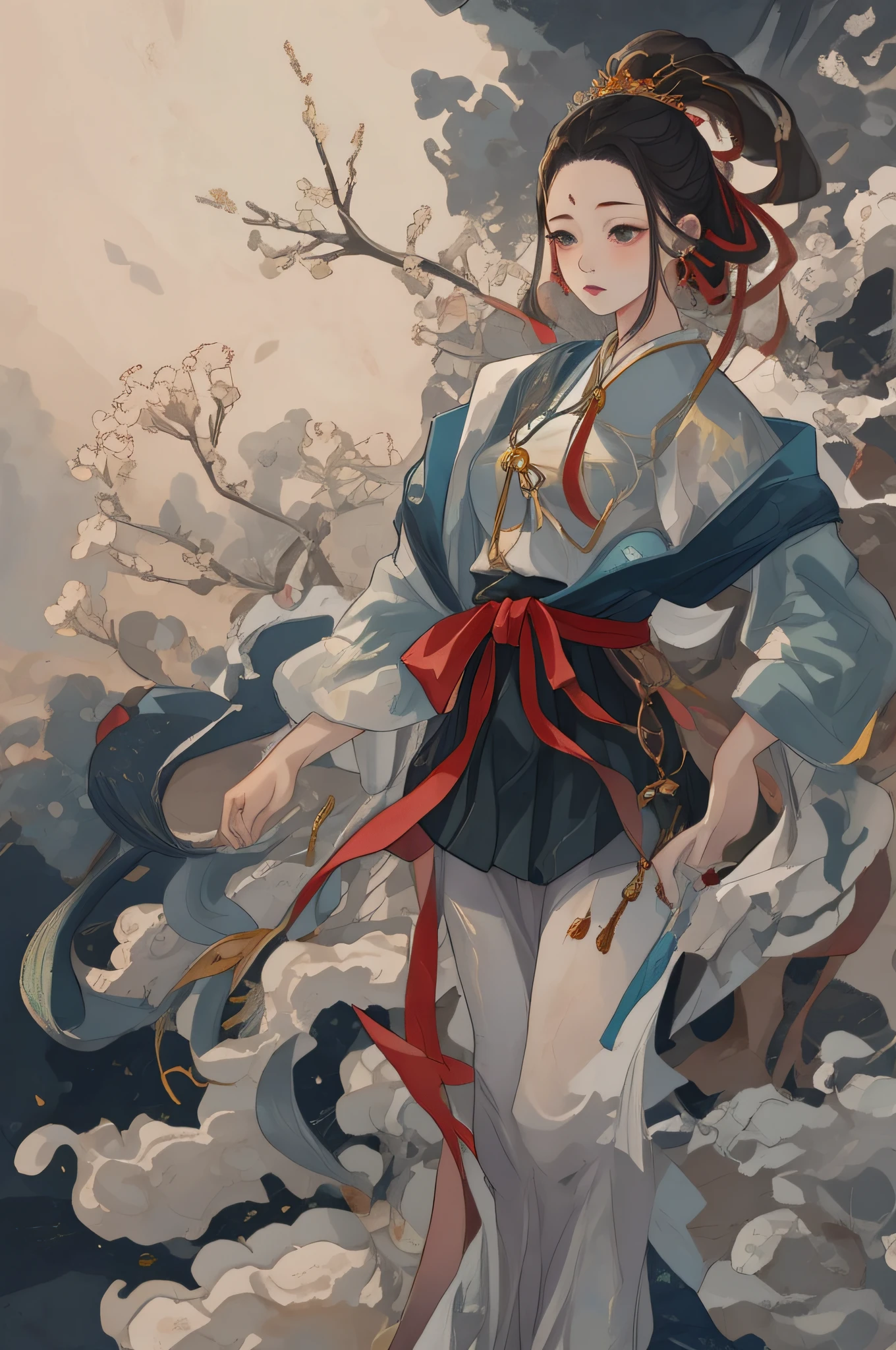 A beautiful girl in ancient China, mysterious temperament, gorgeous long dress, huge pomegranate tree, pomegranate flowers, standing under the tree, sunlight, clear face, masterpiece, super detailed, epic composition, high quality, highest quality , 4k --v 6