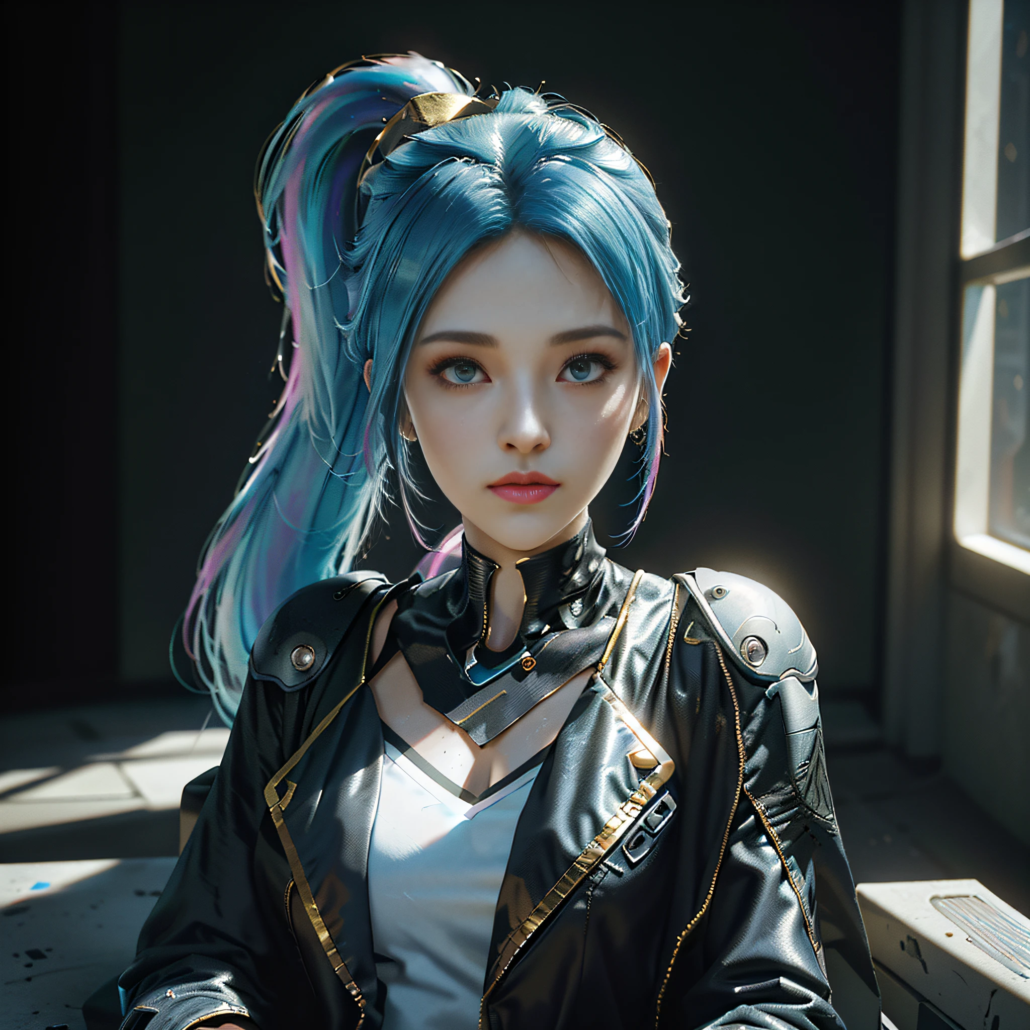 (Best Quality), ((Masterpiece), (Detail: 1.4), 3D, A Beautiful Cyberpunk Woman, HDR (High Dynamic Range), Ray Tracing, NVIDIA RTX, Super-Resolution, Unreal 5, Subsurface Scattering, PBR Textures, Post-Processing, Anisotropic Filtering, Depth of Field, Maximum Sharpness and Clarity, Multi-layer Textures, Albedo and Highlight Maps, Surface Shading, Accurate simulation of light-material interactions, perfect proportions, Octane Render, two-color light, large aperture, low ISO, white balance, rule of thirds, 8K RAW, highest image quality, outstanding detail, ultra high resolution, 1.4x real, best illustration, attention to detail, close-up, beautiful face, woman with colored hair in gold jacket, from the girl front, colored hair (ponytail), fine details. Girls Front, Girls Front Style, Girls Front CG,