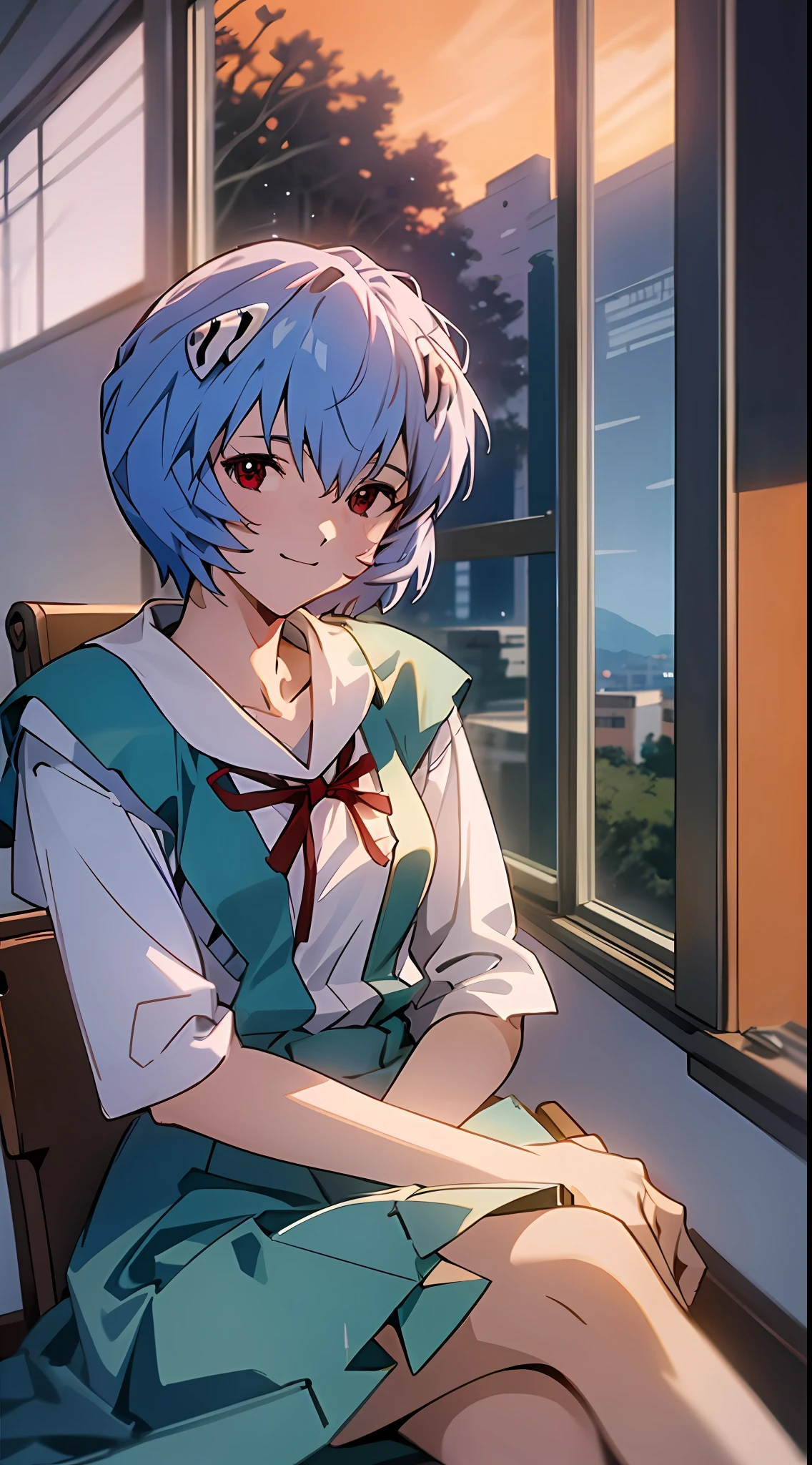 1 girl, Ayanami, Evangelion, 8K, best quality, school uniform, classroom, smile, sitting in a chair, looking out the window, dusk light,