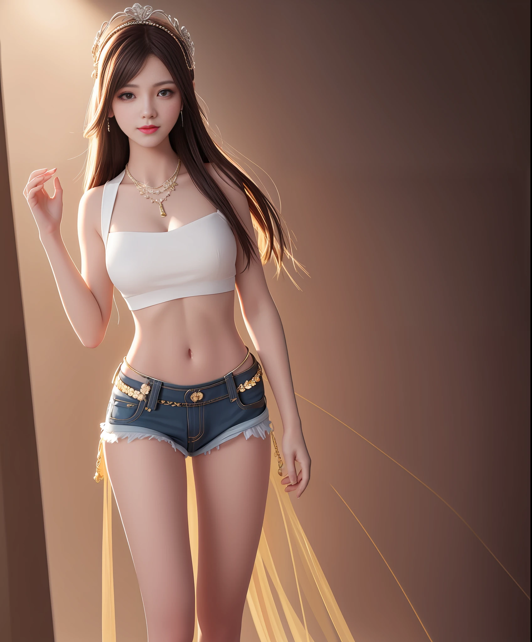 Best Quality, Masterpiece, High Resolution, 1Girl, Suspenders, Hot Pants, Hair Accessories, Necklaces, Jewelry, Beautiful Face, Full Body, Slim and Slender Legs, Tyndall Effect, Realistic, Dark Studio, Edge Lighting, Two-tone Lighting, (High Detail Skin: 1.2), 8K UHD, DSLR, Soft Light, High Quality, Volume Light, Voyeur, Photo, High Resolution, 4K, 8K, Background Bokeh,
