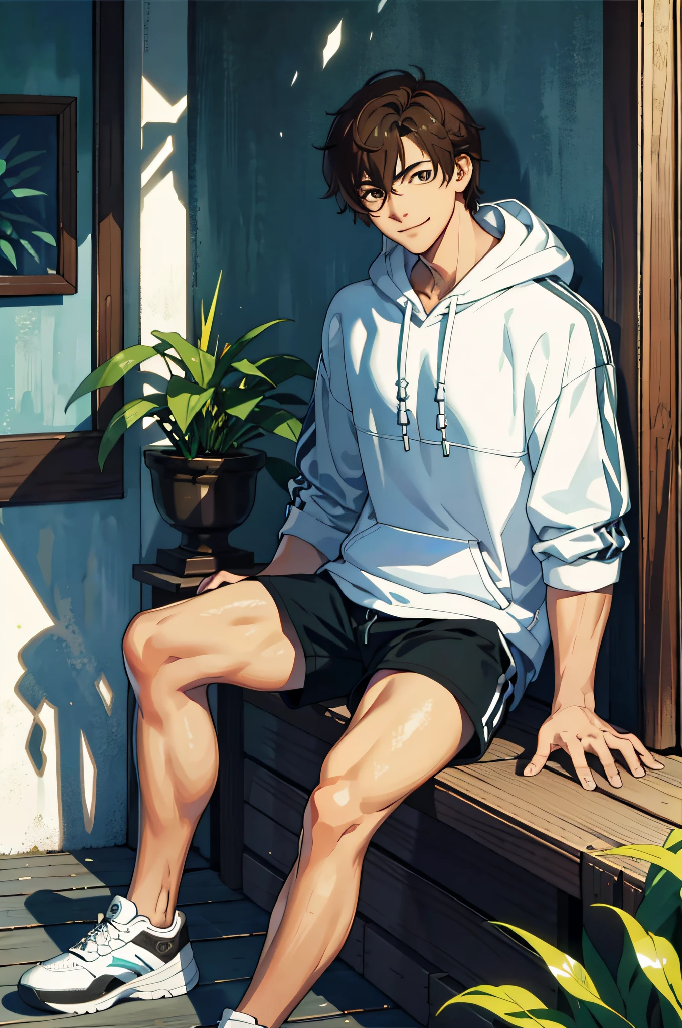 masterpiece, solo, best quality, 1 male,  adult, tall muscular, handsome, finely detailed eyes, intricate details, casual clothes, oversized hood, shorts, tennis shoes, messy brown hair, mid length hair, complex pattern, best light and shadow, background is inside of house, sitting, dappled sunlight, day, depth of field, plants, summer, colorful, artistic, depth of field, smile, closed mouth