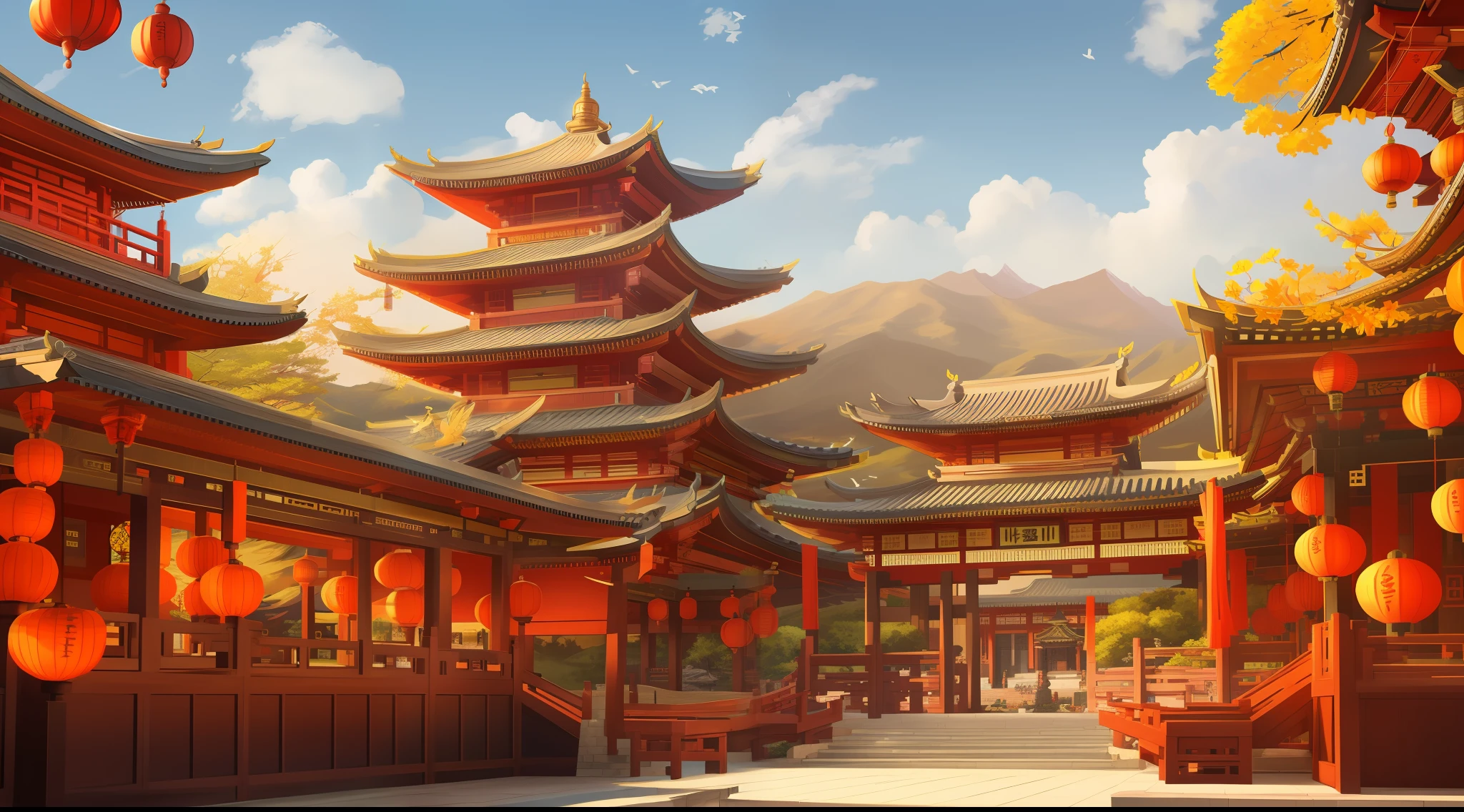 architecture, east asian architecture, landscape, lantern, pagoda, outdoors, sky, paper lantern, cloud, bird, building, tree, standing, mountain, bridge, holding, no one, day, masterpiece, best quality,