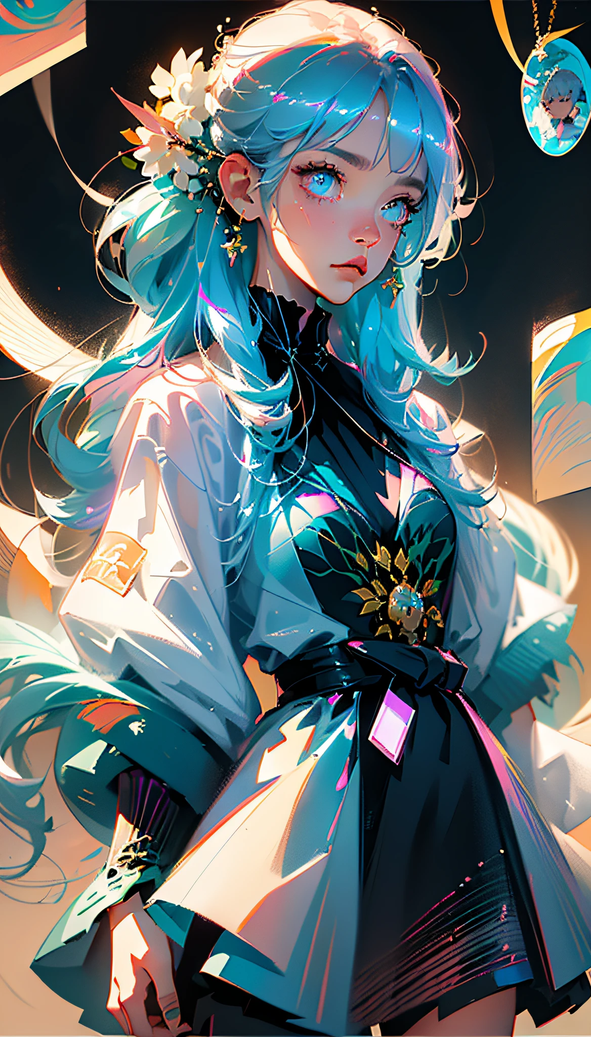 (masterpiece), (best quality), (ultra detailed),(disheveled hair),(illustration), (1girl), (Fashionable clothing), standing, Fashion model, looking at viewer, (interview), (simple background),beautiful detailed eyes, delicate beautiful face, Floating,(high saturation),(colorful splashes),colorful bubble,(shining), focus on face, kamisato ayaka, light blue hair, bangs, hair ring, floating flowers, floating hairs.Girl, anime waifu, looking at viewer, highlydetailed, reflections transparent iridescent colors, long transparent iridescent RGB hair, artby Serafleur from artstation, thick acrylic,illustration on pixiv, waist up portrait, gorgeoussacred girl, best quality, ultra detailed,sad,clever,beautiful face , beautiful lighton black background, Character stvle renderedby Octane, --auto --s2