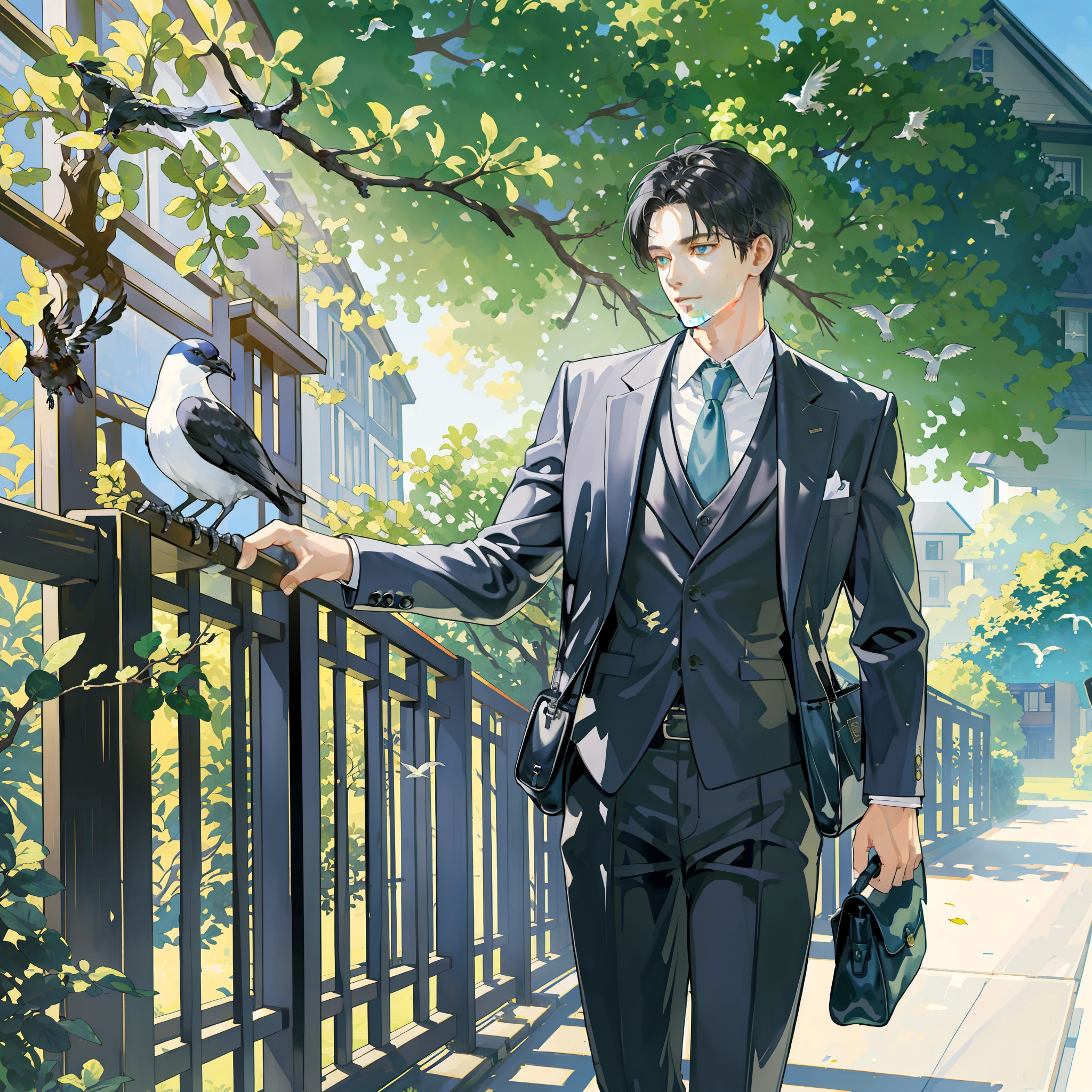 (masterpiece, top quality, super detailed), detailed eyes and detailed face, 1 man in his 40s, male focus, handsome, residential area, fence, spindle tree, afternoon sunlight, after school, suit, hand-held bag, flock of birds, from the side, depth of field