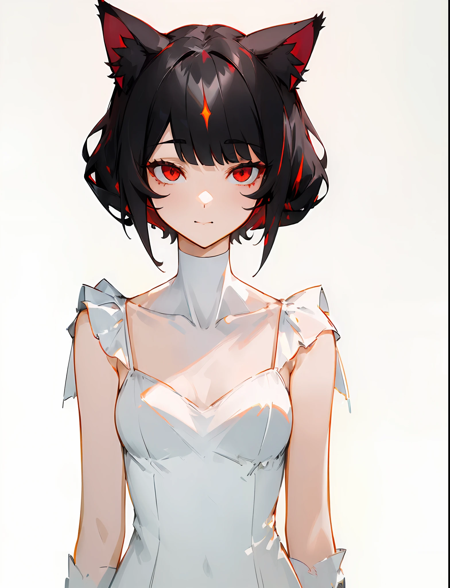 ((((headshot)))(((Masterpiece))), Best Quality, Ultra Detailed CG Unity 8k Wallpapers (1girl:1.3) (Hermaphroditic females)) ((Black Hair Princess Cut)))), ((Red Eyes)), ((Plain White Background)) ((Cat Ears)) (White Nightdress) (Soft Smile)