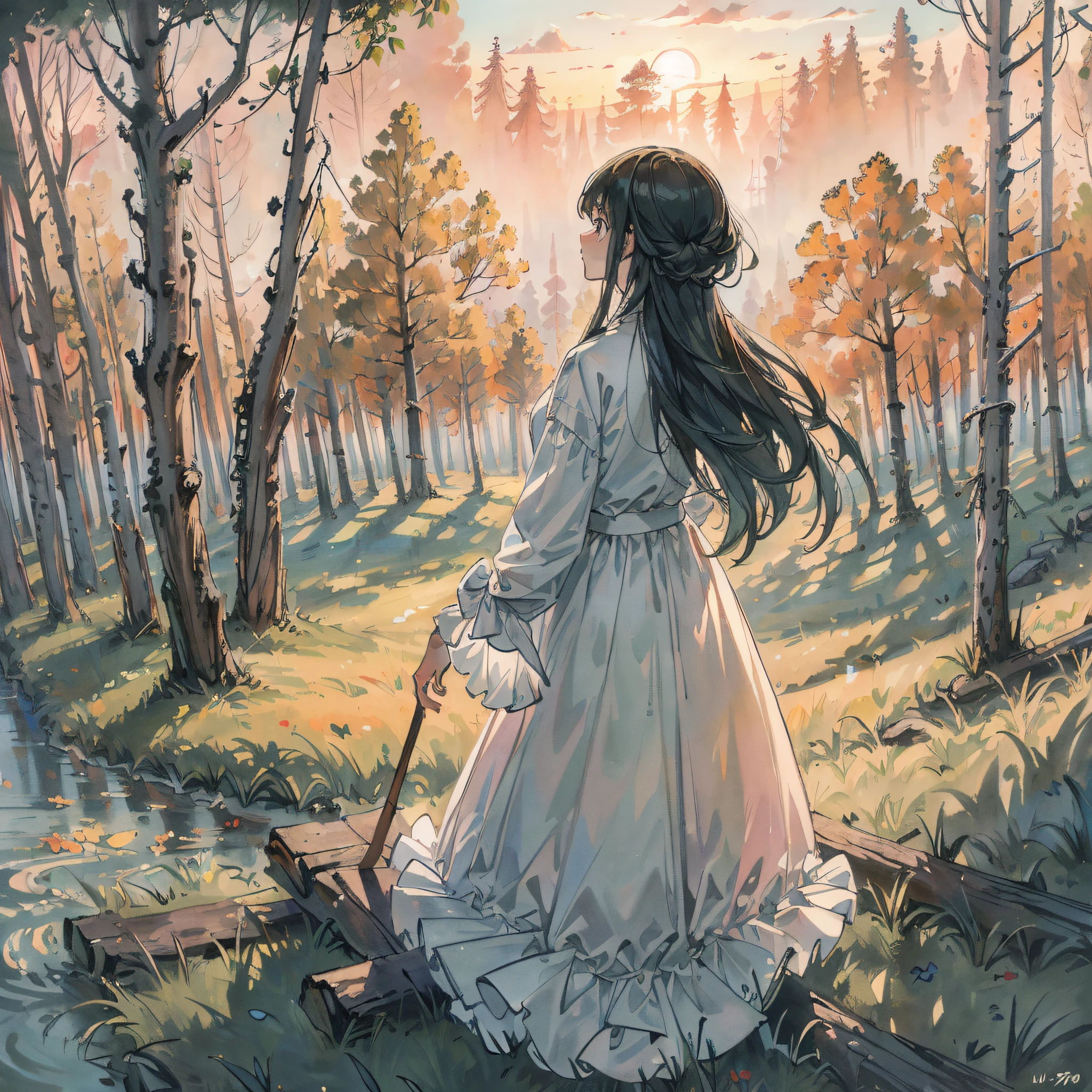 ((masterpiece,best quality,ultra detailed,ultra high res,detailed background)),sunrise,forest,impressive,chill,inspirational,1girl,facing away