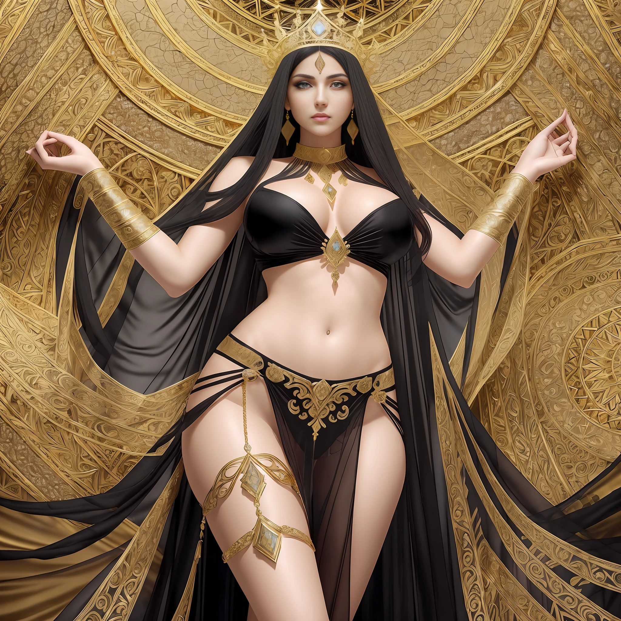 Transparent gold-colored gauze, hollowed-out gold and robes, looming Black and gold transparent gauze robe, with a transparent gold gauze hanging on the crotch. Smooth skin, oily skin, oiled skin. Ultra realistic 8k cg, epic, (palace), royal, ((rich, prestigious)), perfect artwork, masterpiece, perfect face, perfect face, beautiful face, ((perfect female body)), Charming, seductive, lustful, voluptuous, voluptuous, milf, slender waist, gorgeous goddess, deity, divine queen, absurdly long hair, black hair, light blue eyes, glowing eyes, piercing eyes , looking at the viewer, ((exquisite detail, exquisite pattern)), science fiction, jewelry, gemstones, gold, diamonds, --auto --s2