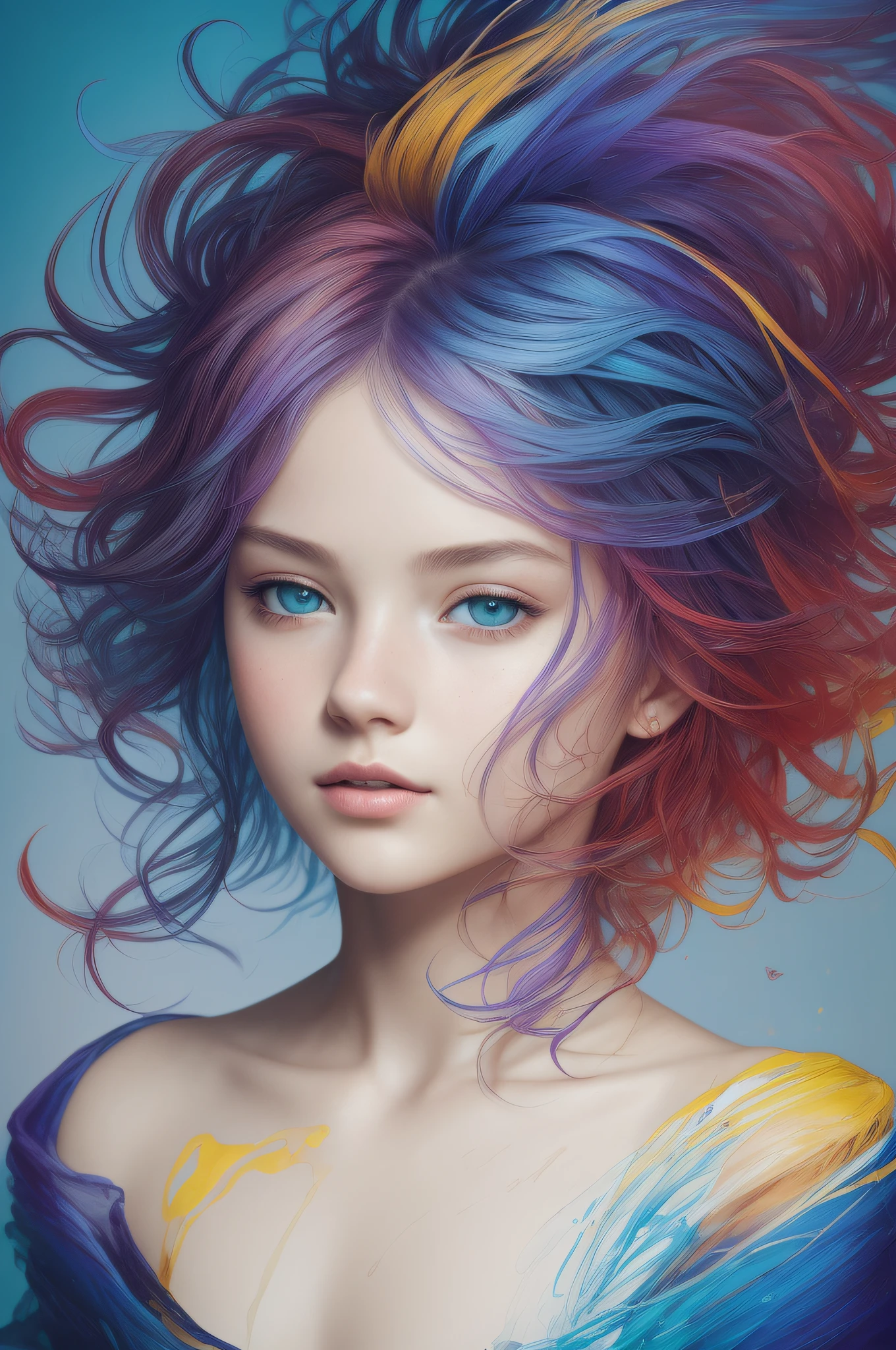 Colorful beautiful girl: a giru 8-years old, messy hair, oil painting, nice perfect face with soft skinice perfect face, blue yellow colors, light purple and violet additions, light red additions, intricate detail, splash screen, 8k resolution, masterpiece, cute face,artstation digital painting smooth veryBlack ink flow: 8k resolution photorealistic masterpiece: intricately detailed fluid gouache painting: by Jean Baptiste Mongue: calligraphy: acrylic: watercolor art, professional photography, natural lighting, volumetric lighting maximalist photoillustration: by marton bobzert:, complex, elegant, expansive, fantastical,  wavy hair, vibrant