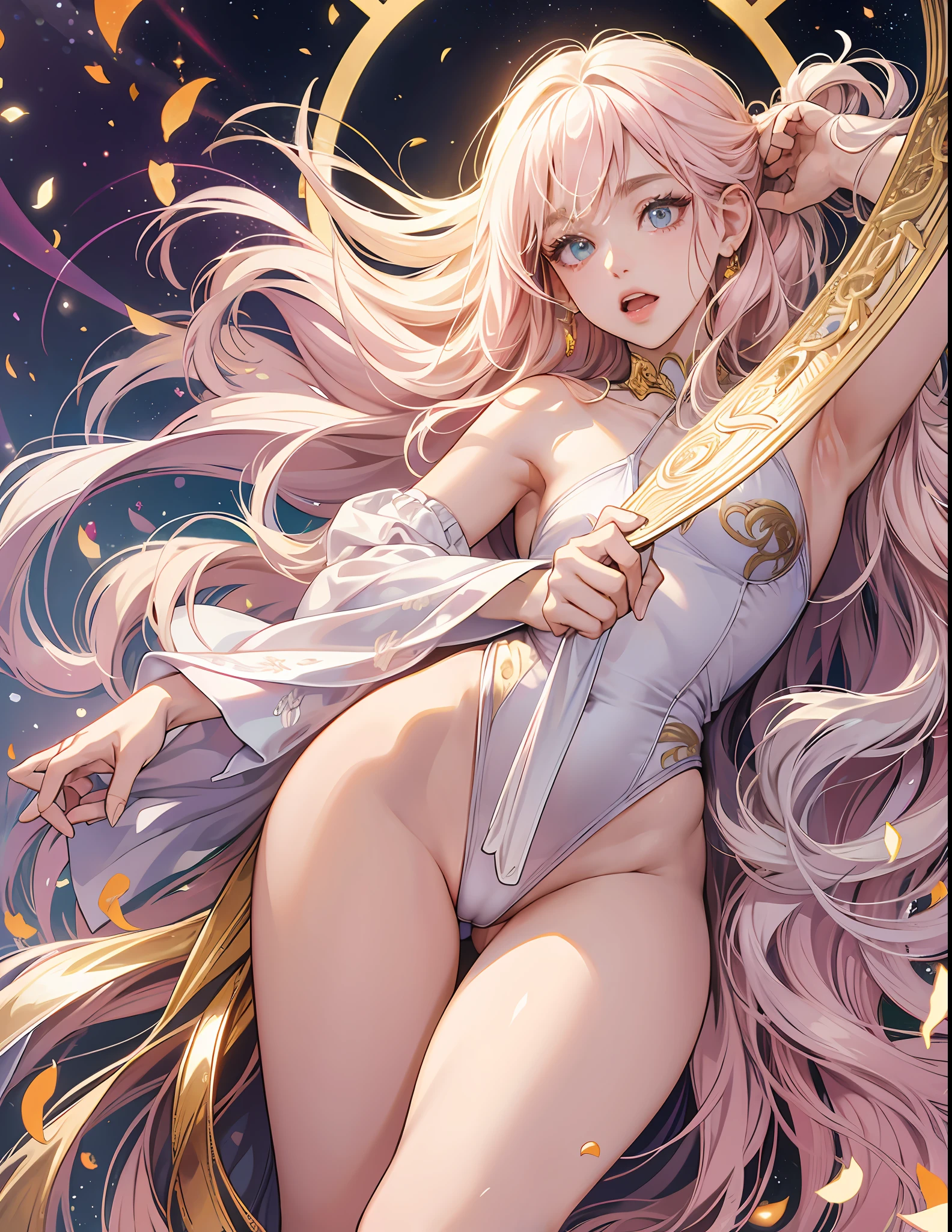 high resolution, best quality, masterpiece, very high image quality, ultra-detailed, hyperrealistic, 3d, anime, illustrations, fantasy, solo, Japanese and Russian half beauty, white glossy medium hair, high layer cut, mullet hair style, sparkling gold big eyes, glossy pink lips, open mouth a little, perfect proportions, full body, white thong swimsuit, thin gold line embroidery, armpit with one arm up, spread legs --auto --s2