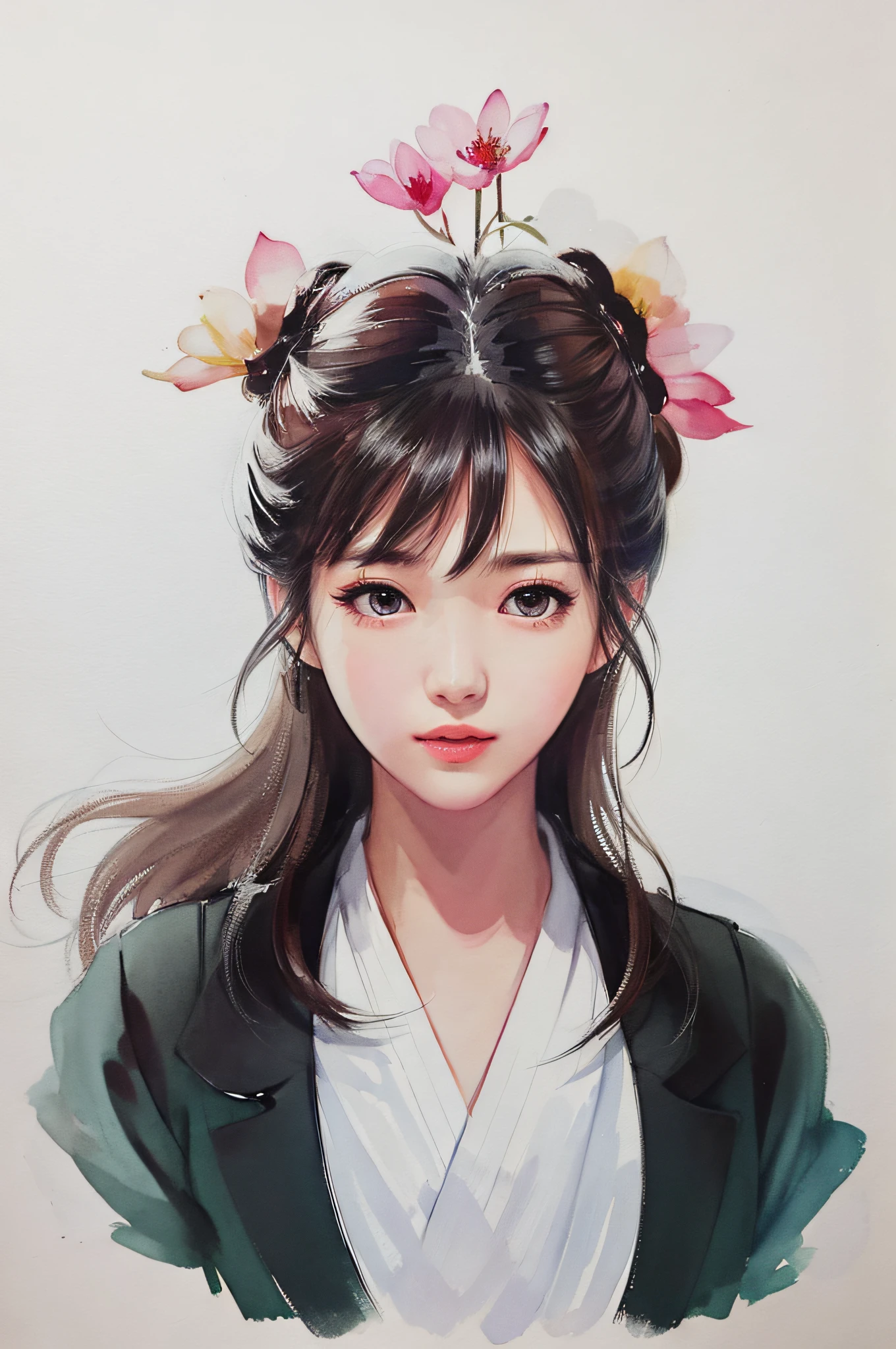 stechu,(white background:1.4), ((tachi-e)), original,(illustration:1.1),(best quality),(masterpiece:1.1),(extremely detailed CG unity 8k wallpaper:1.1), (colorful:0.9),(panorama shot:1.4),(solo:1.2), (ink splashing),(color splashing),((watercolor)), clear sharp focus,{ 1girl standing },((korean style )),flower background,outdoors,rocks, looking at viewer, make happy expressions,soft smile,pure,beautyfull detailed face and eyes,beautyfull intricacy clothing decorative pattern details, black hair,black eyes,colorwater