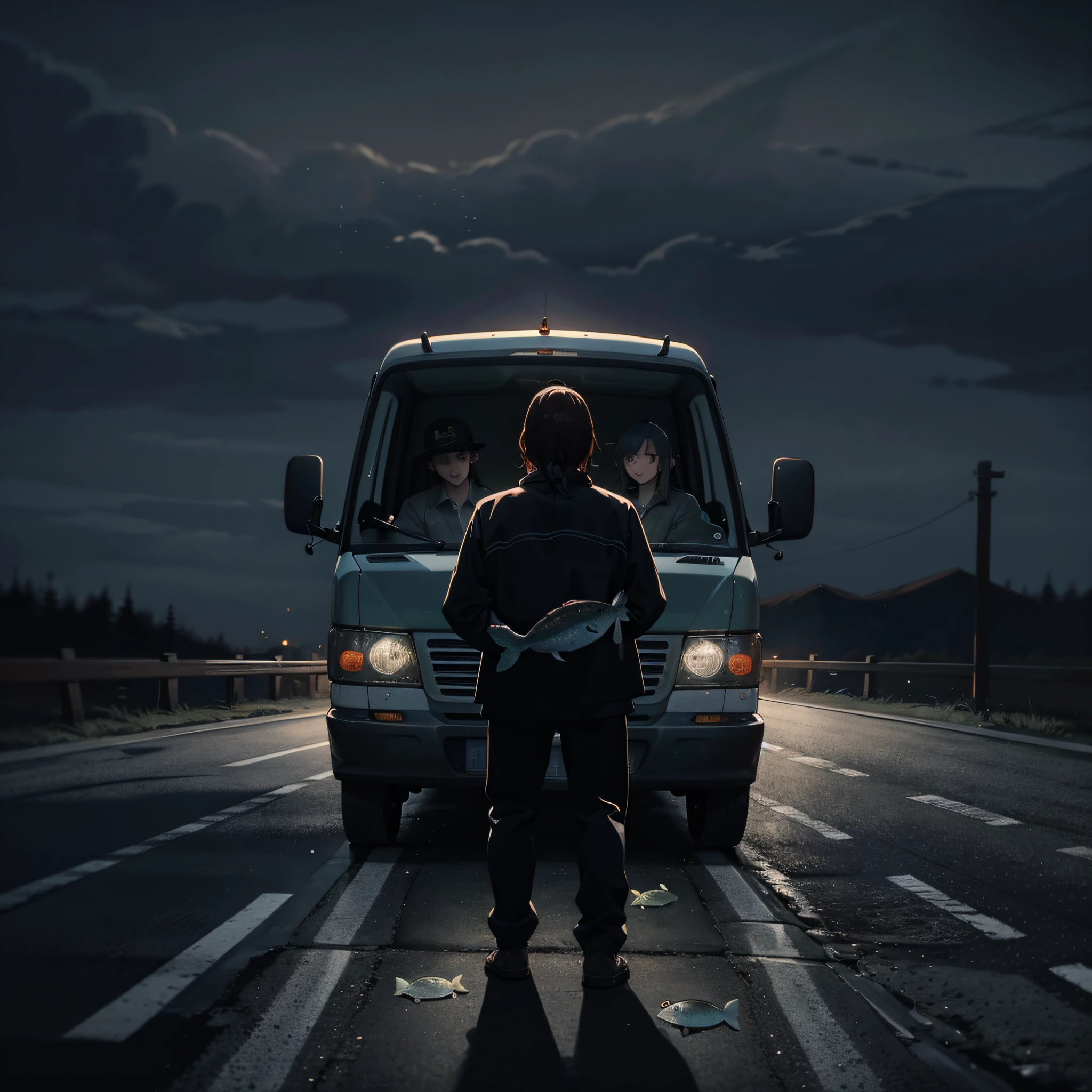 /imagine prompt: A run-down van driving on a dark rural road with a fishy smell inside, several strangers sitting in the car, including a fisherman carrying a bucket of dead fish. Suddenly, an unknown figure sneaks into the car, causing everyone to turn their heads towards the door,
