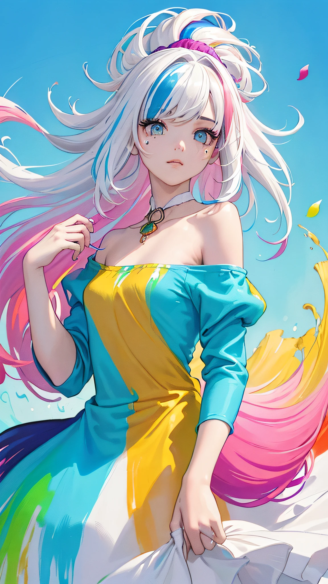 (Pink Fashion T-shirt:1.9),(Colorful hair: 1.8), (all the colours of the rainbow: 1.8),(((((vertical painting:1.6))), (painting:1.6),front, comics, illustrations, paintings, large eyes, crystal clear eyes,( rainbow color gradient high ponytail:1.7), exquisite makeup, closed mouth,(Small Fresh: 1.5),(Wipe Chest: 1.6) ,long eyelashes, white off shoulder T-shirt, White Shoulder Shirt,looking at the audience, large watery eyes, (rainbow colored hair:1.6), color splash, (solo:1.8), color splash, color explosion, thick paint style, messy lines, ((shining)),(colorful), (colorful), (colorful), colorful, Thick Paint Style, (Splash) (Color Splash), Vertical Painting, Upper Body, Paint Splash, Acrylic Pigment, Gradient, Paint, Highest Image Quality, Highest Quality, Masterpiece, Solo, Depth of Field, Face Paint, colorful clothes, (Elegant: 1.2), gorgeous,long hair, wind, (Elegant: 1.3), (Petals: 1.4),(((masterpiece))),(((best quality))),((ultra-detailed)),(illustration),(dynamic angle),((floating)),(paint),((disheveled hair)),(solo),(1girl) , (((detailed anima face))),((beautiful detailed face)),collar,bare shoulders,white hair, ((colorful hair)),((streaked hair)),beautiful detailed eyes,(Gradient color eyes),(((colorful eyes))),(((colorful background))),(((high saturation))),(((surrounded by colorful splashes))),