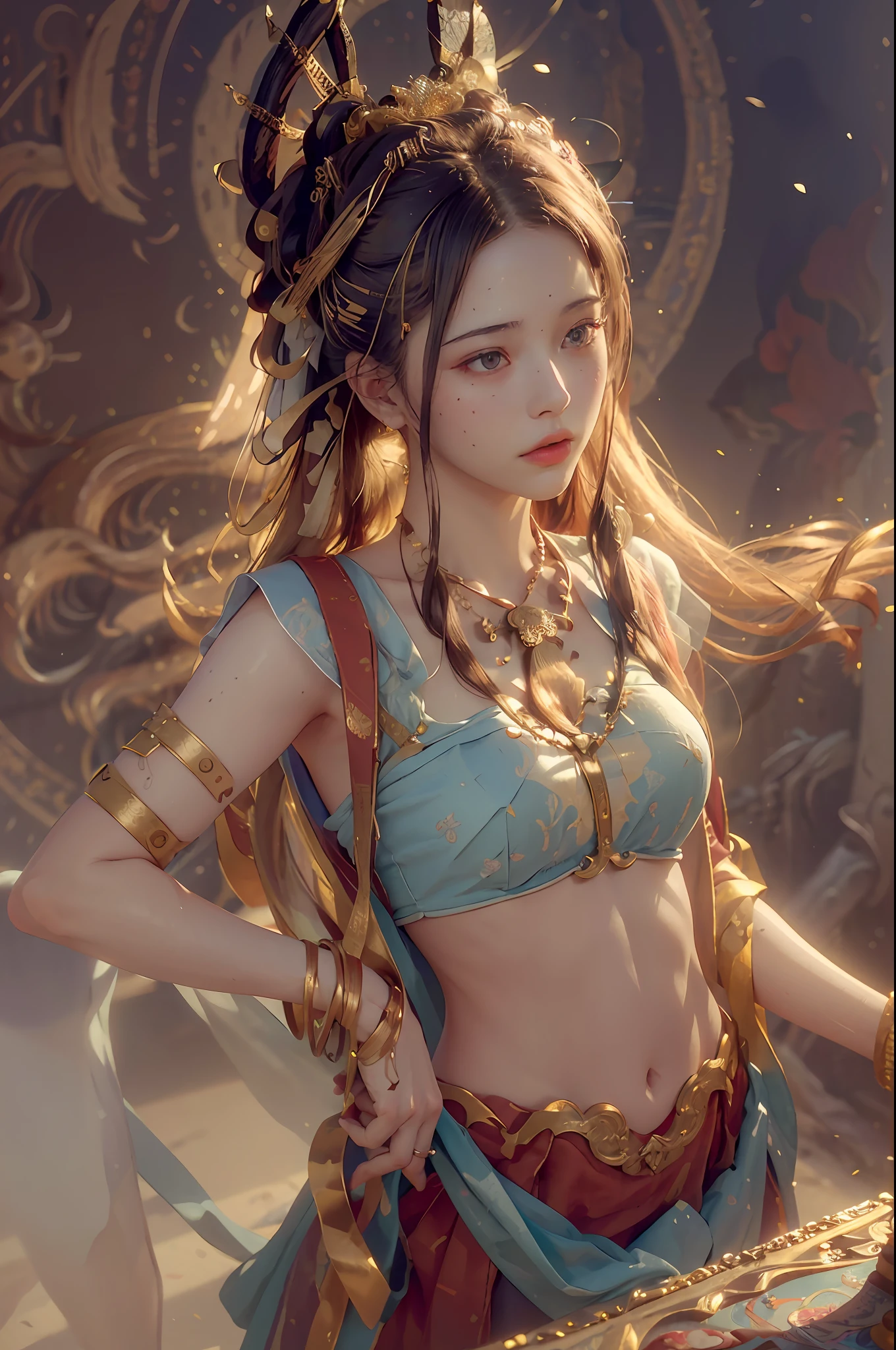 (RAW photo, best quality), (realistic, photo-realistic:1.3),best quality,highly detailed,masterpiece,ultra-detailed,illustration,1girl,upper_body,dynamic angle,world masterpiece theater,messy_long_hair,best quality,extremely detailed CG unity 8k wallpaper,ink,Amazing,cinematic lighting,lens_flare,,dunhuang_style