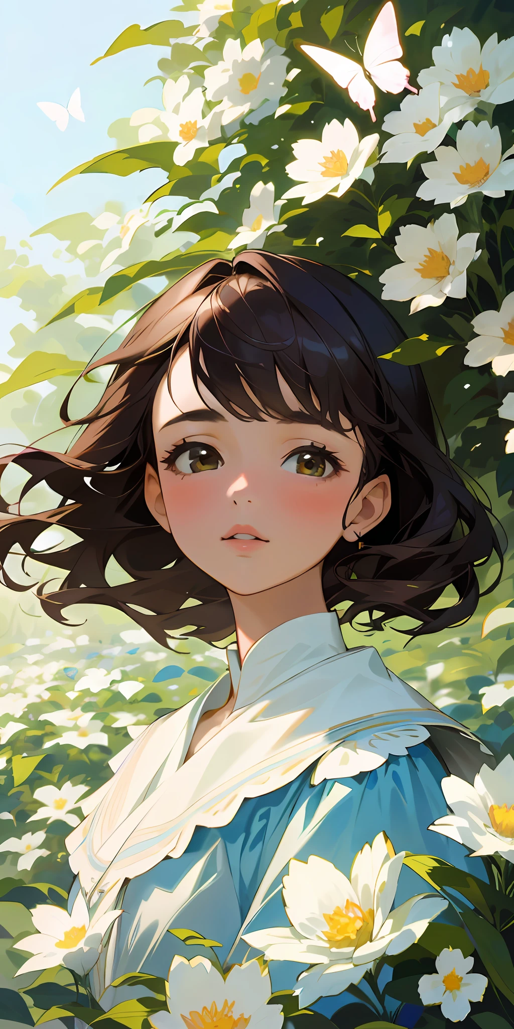 (top quality, masterpiece, hyperrealism), one beautiful and delicate portrait of a girl with a soft and peaceful look, background landscape of a garden with flowers and butterflies flying around, dark hair.