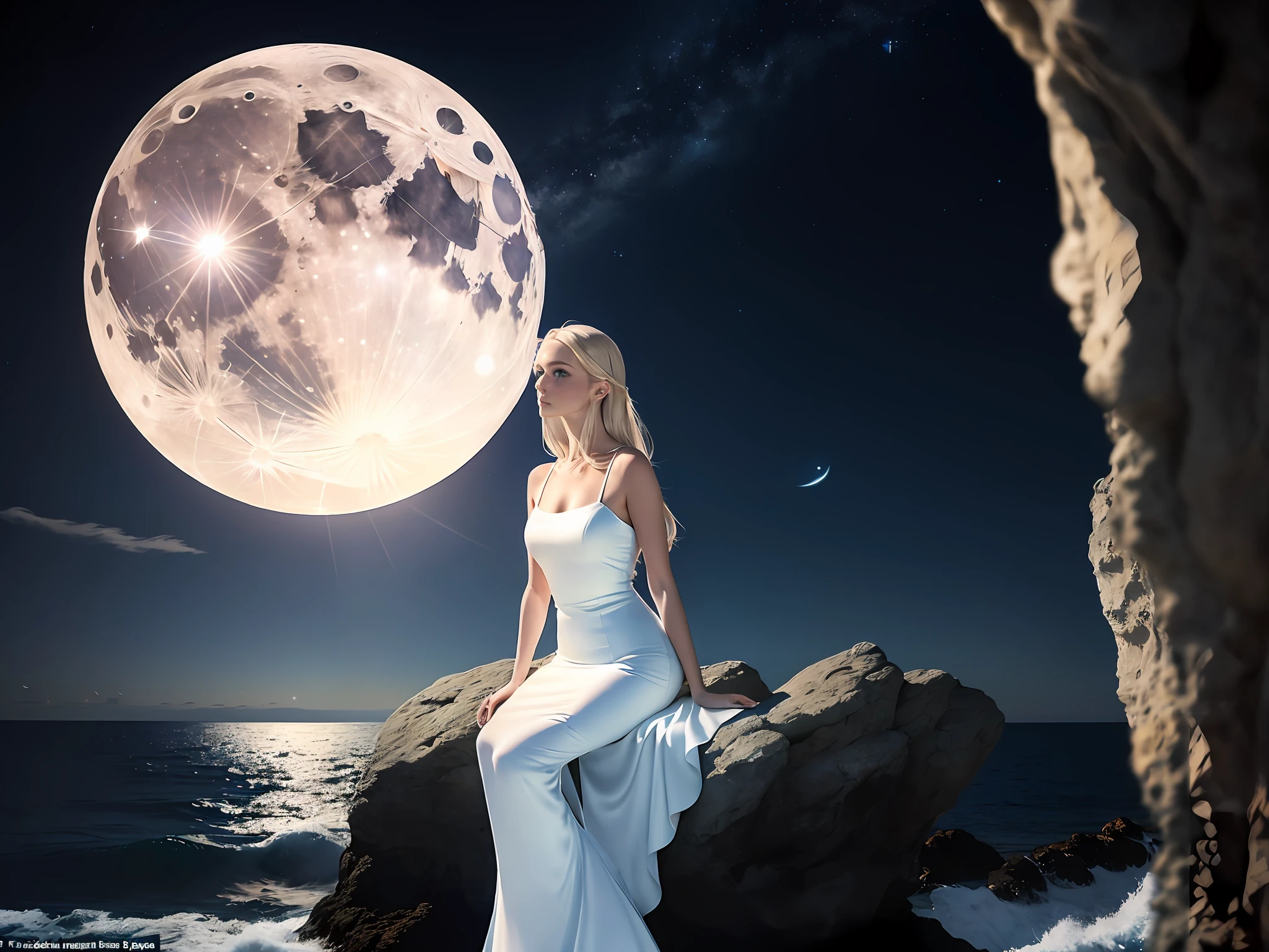 Beautiful woman, blue fishtail, mermaid, mermaid tail, dramatic lighting, highest quality, movie stills, (delicate face, blue eyes, blond hair, very beautiful, healthy female body, (white silk dress), perfect face, hand extended to the audience, moon on the horizon, looking at the viewer, (skin detail), sitting on a rock in the sea, (night sky: 0.7), (ocean: 0.6), dark, dim light, 8k, global illumination.