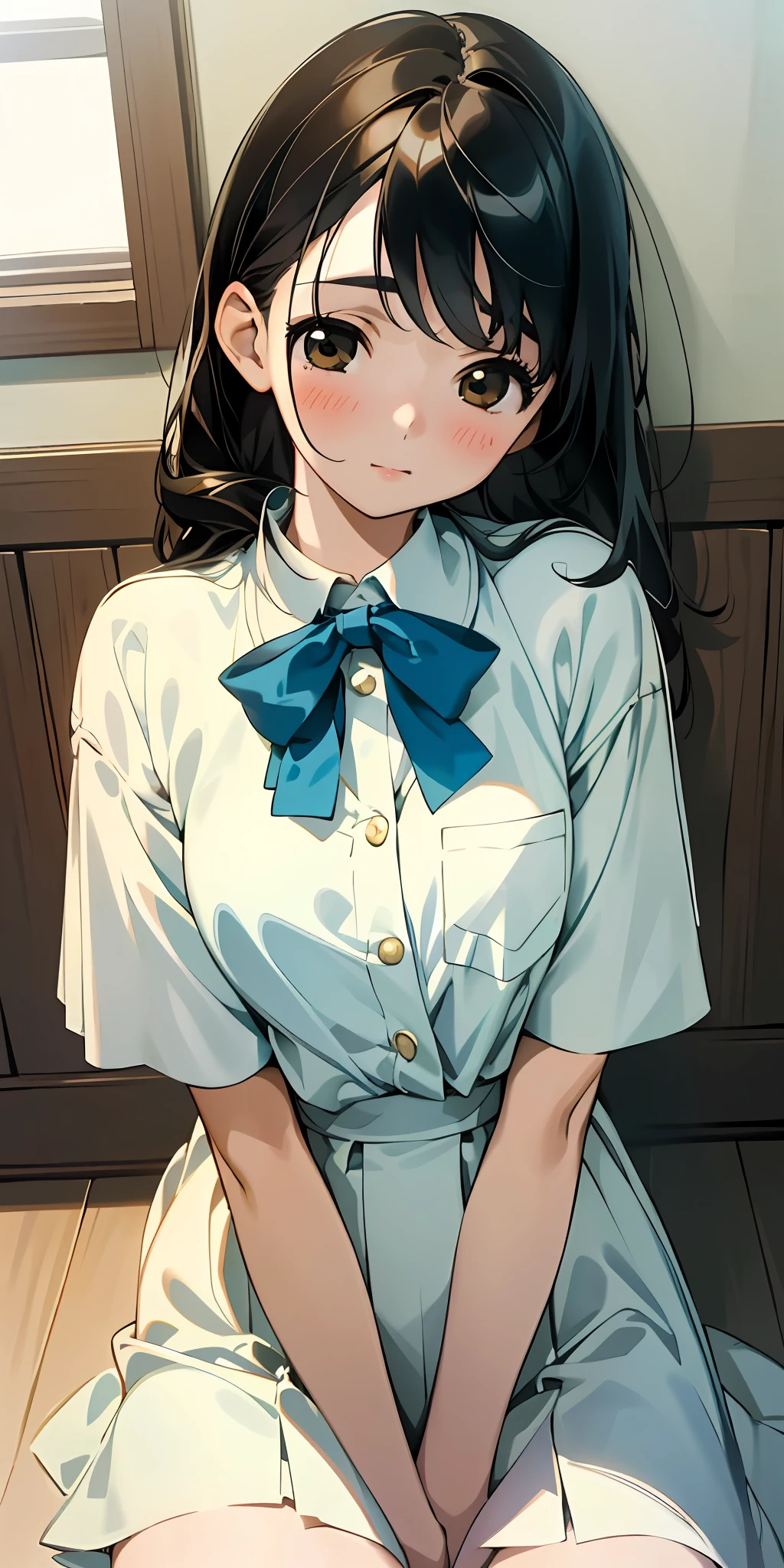 One beautiful and delicate portrait of a girl with a soft and peaceful expression (top quality, masterpiece, hyperrealism), one beautiful and delicate portrait of a girl with a soft and peaceful expression, looking at the girl, Takamichi style, Kai kokoai, girl, looking at the viewer, uniform, sitting, cowboy shot, black hair.