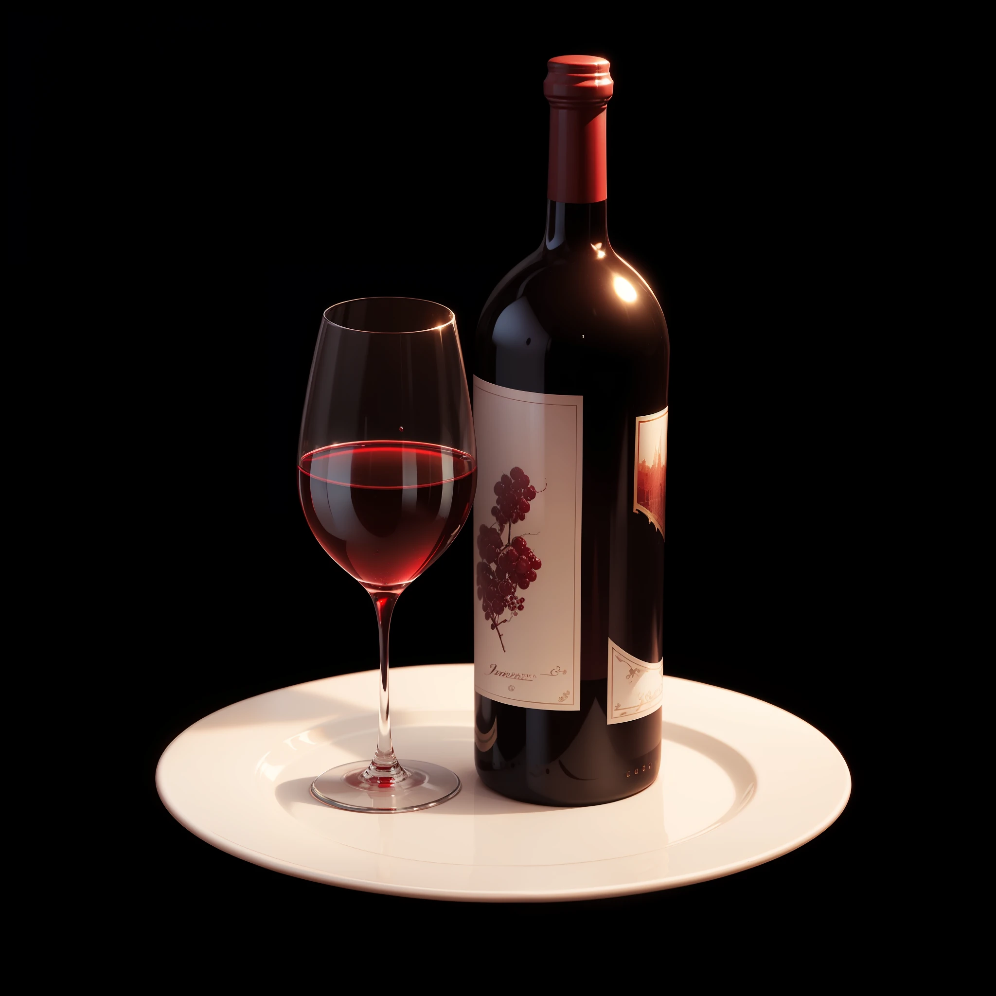 A bottle of red wine is placed on a plate, next to a wine glass filled with red wine, game images, game icons, realistic style, super high quality, high quality --auto --s2