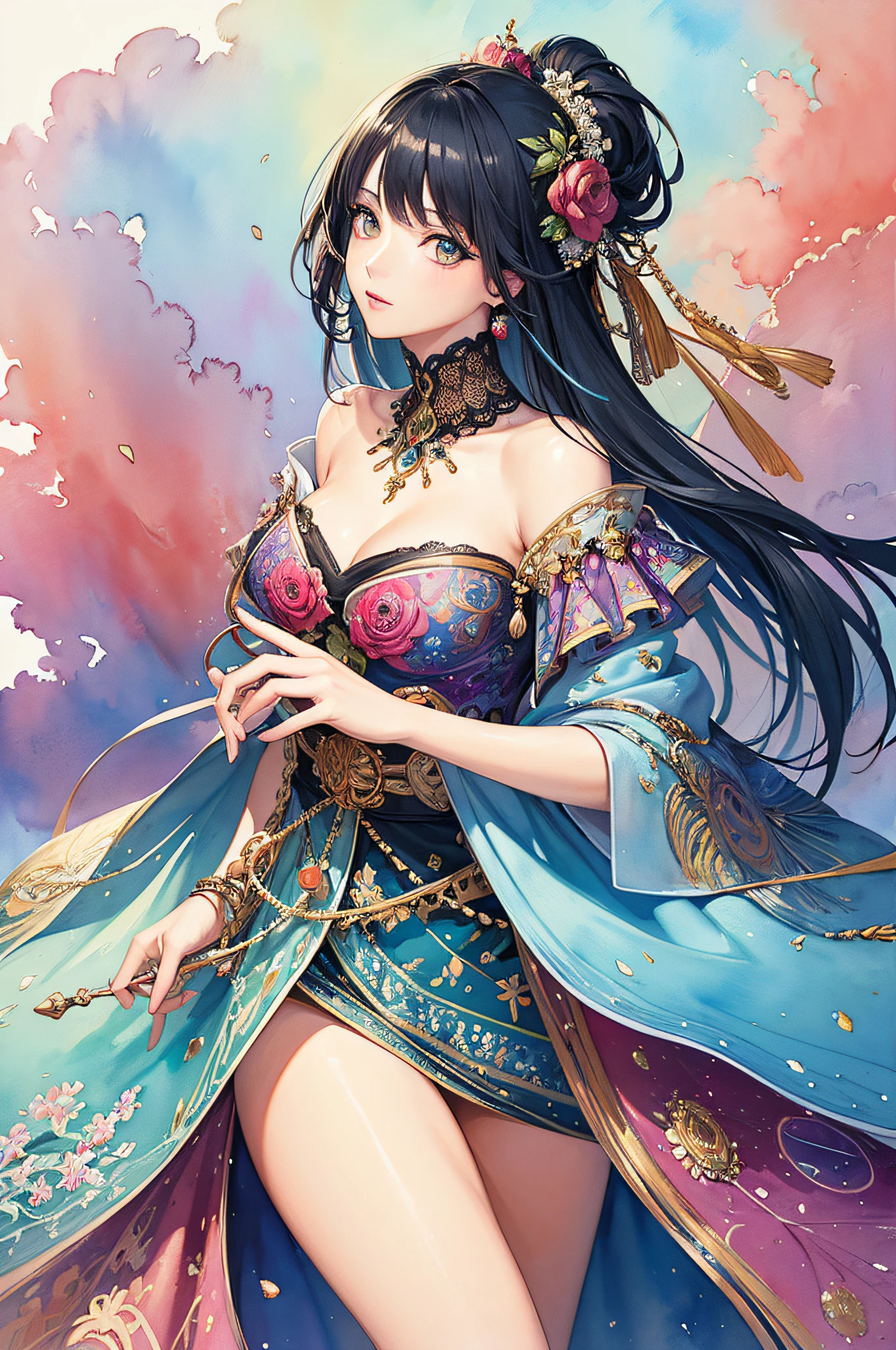 (masterpiece, top quality, best quality, official art, beautiful and aesthetic:1.2), (1girl:1.3), extreme detailed,colorful,highest detailed,(watercolour painting:1.3), optical mixing, playful patterns, lively texture, rich colors, unique visual effect