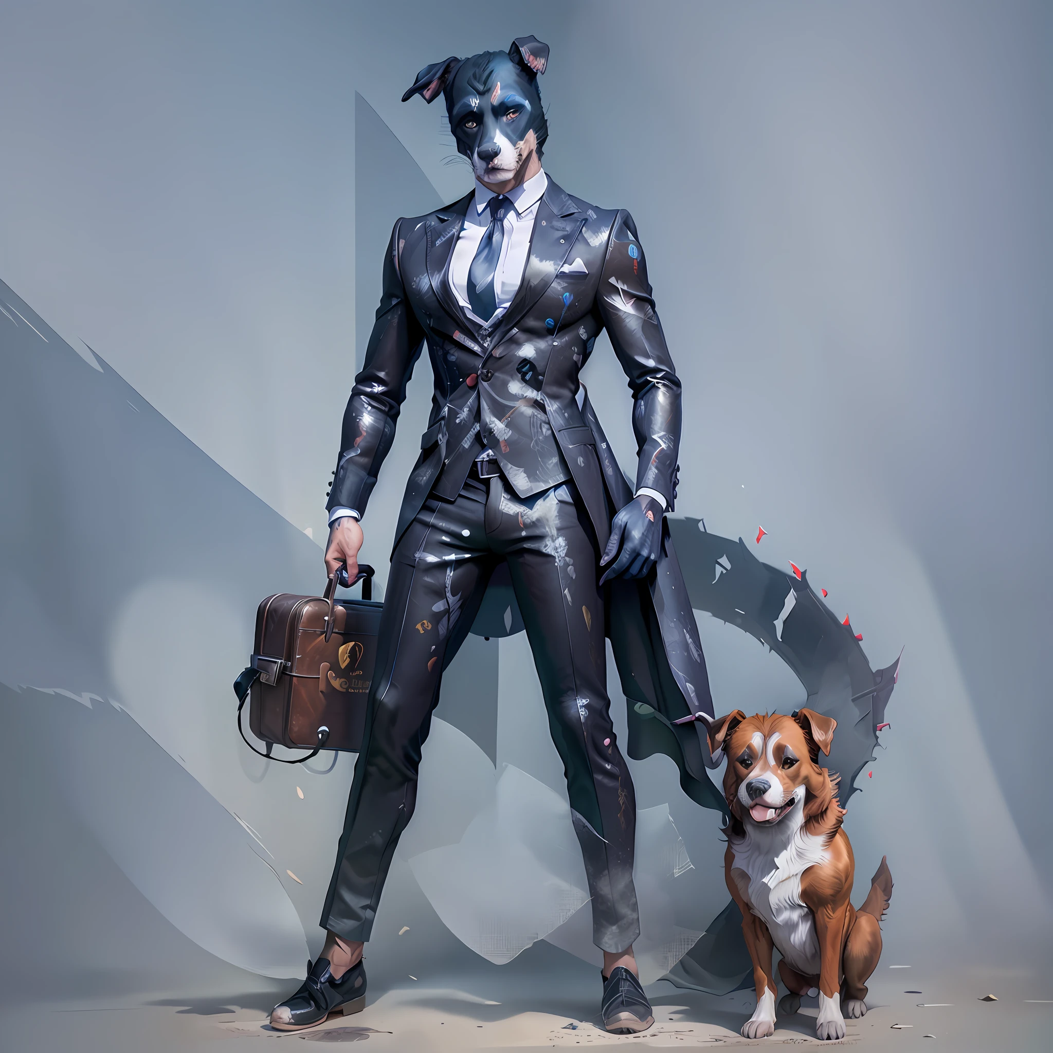 Dog-headed man, suit, underworld, full body standing painting