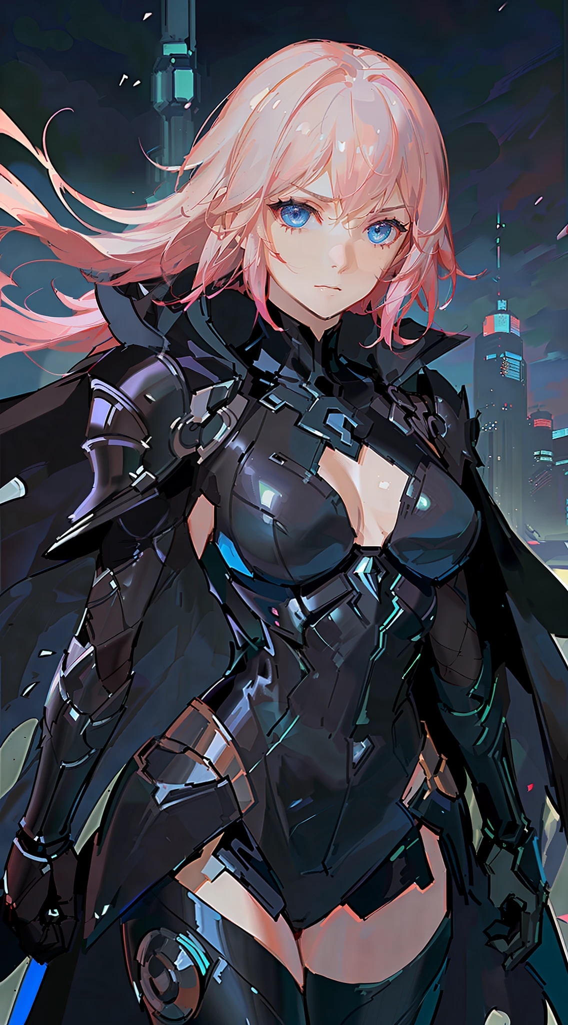 Scene Description: Lightning, the iconic character from Final Fantasy 13, strikes a powerful and dynamic pose. She exudes an aura of strength and determination as she stands tall. With her striking appearance, she possesses a combination of elegance and fierceness. Lightning has vibrant pink hair styled in a layered bob, accentuating her sharp features. Her piercing blue eyes shine with intensity and focus. She wears a sleek and futuristic combat outfit, consisting of a form-fitting black bodysuit adorned with silver accents. Over the bodysuit, she sports a combination of armor and a flowing cape in shades of black and silver. Her left arm is encased in a high-tech gauntlet, emitting a faint blue glow. Modifiers: Powerful, dynamic, strong, elegant, fierce, vibrant, sharp features, intense, futuristic, combat outfit, sleek, flowing cape, high-tech gauntlet. Technical Specifications: High resolution, detailed character model, dramatic lighting, realistic textures, intricate armor design, cinematic view, Unreal Engine 5, dynamic shadows, special effects for the electric energy, highly detailed facial expression, vibrant colors, dark background, 4K UHD image