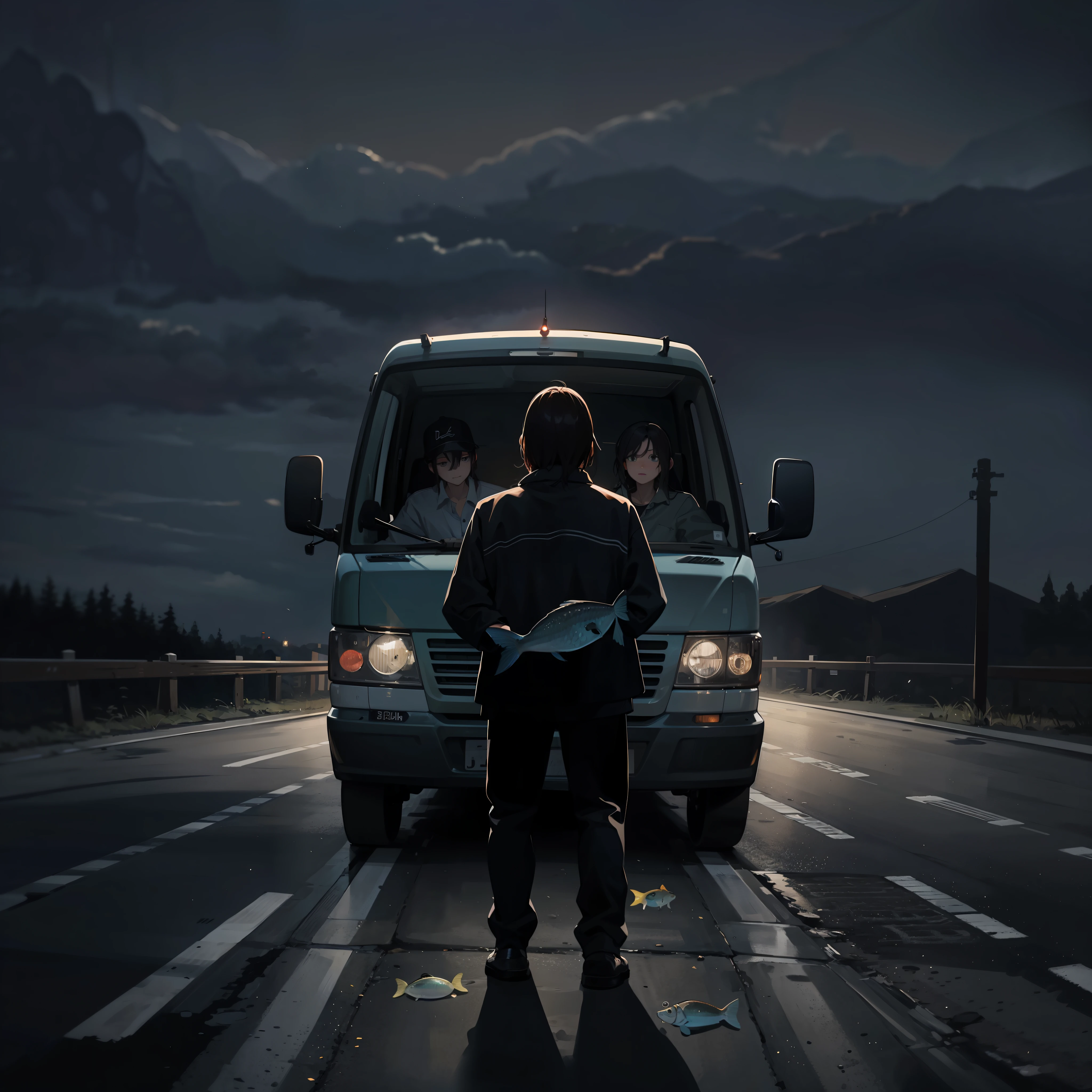/imagine prompt: A run-down van driving on a dark rural road with a fishy smell inside, several strangers sitting in the car, including a fisherman carrying a bucket of dead fish. Suddenly, an unknown figure sneaks into the car, causing everyone to turn their heads towards the door,