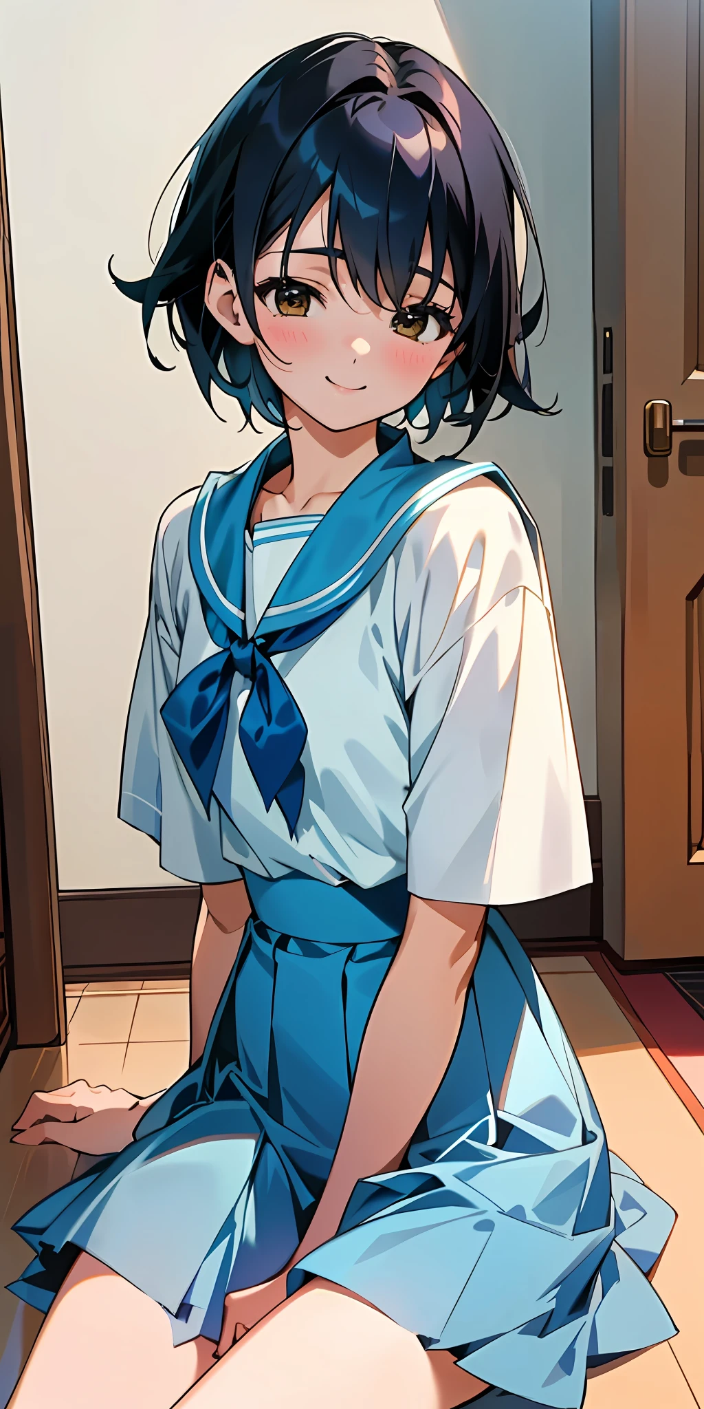 One beautiful and delicate portrait of a girl with a soft and peaceful look, looking at the viewer, uniform, sitting, cowboy shot, smiling, blue skirt, indoor, (top quality, masterpiece, hyperrealism), Takamichi style, Kai heart love of STU48, short hair like a boy, black hair.