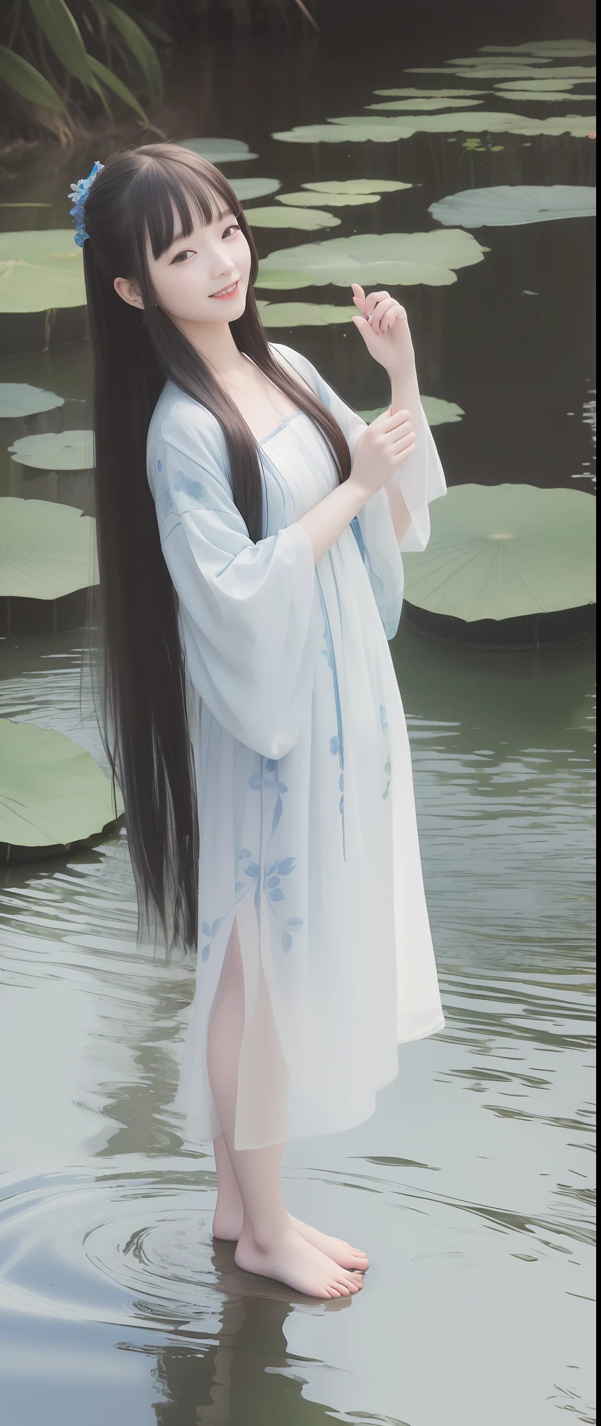 ((4k,masterpiece,best quality)), shuimobysim, traditional chinese ink painting, lotus, hanfu, maxiskit, dress conservatively 1girl, solo, long blue hair, smile, standing, feet in the water, barefoot,