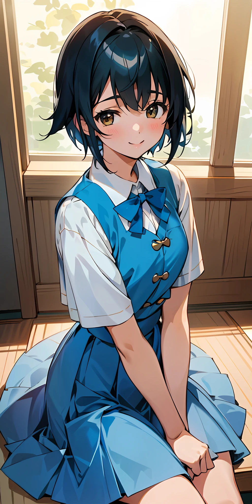 Anime girl sitting on a bench in front of a window - SeaArt AI