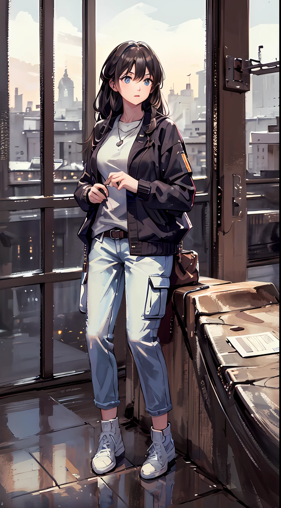 4k, winter scenery, Beautiful woman, long hair, brown hair, medium breasts, blue eyes, white sweater, cargo pants, neon heart necklace, sky looking up, night