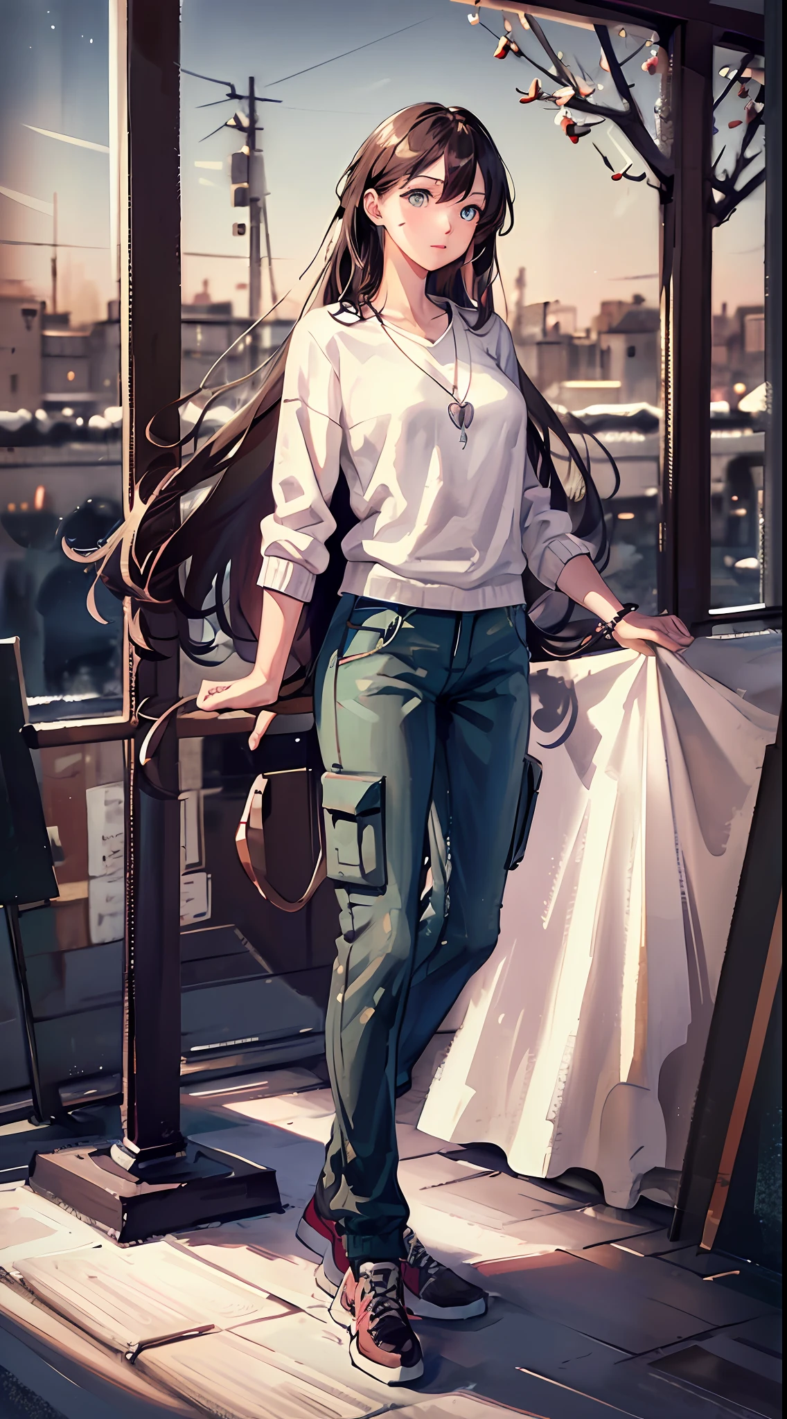 4k, winter scenery, Beautiful woman, long hair, brown hair, medium breasts, blue eyes, white sweater, cargo pants, neon heart necklace, sky looking up, night
