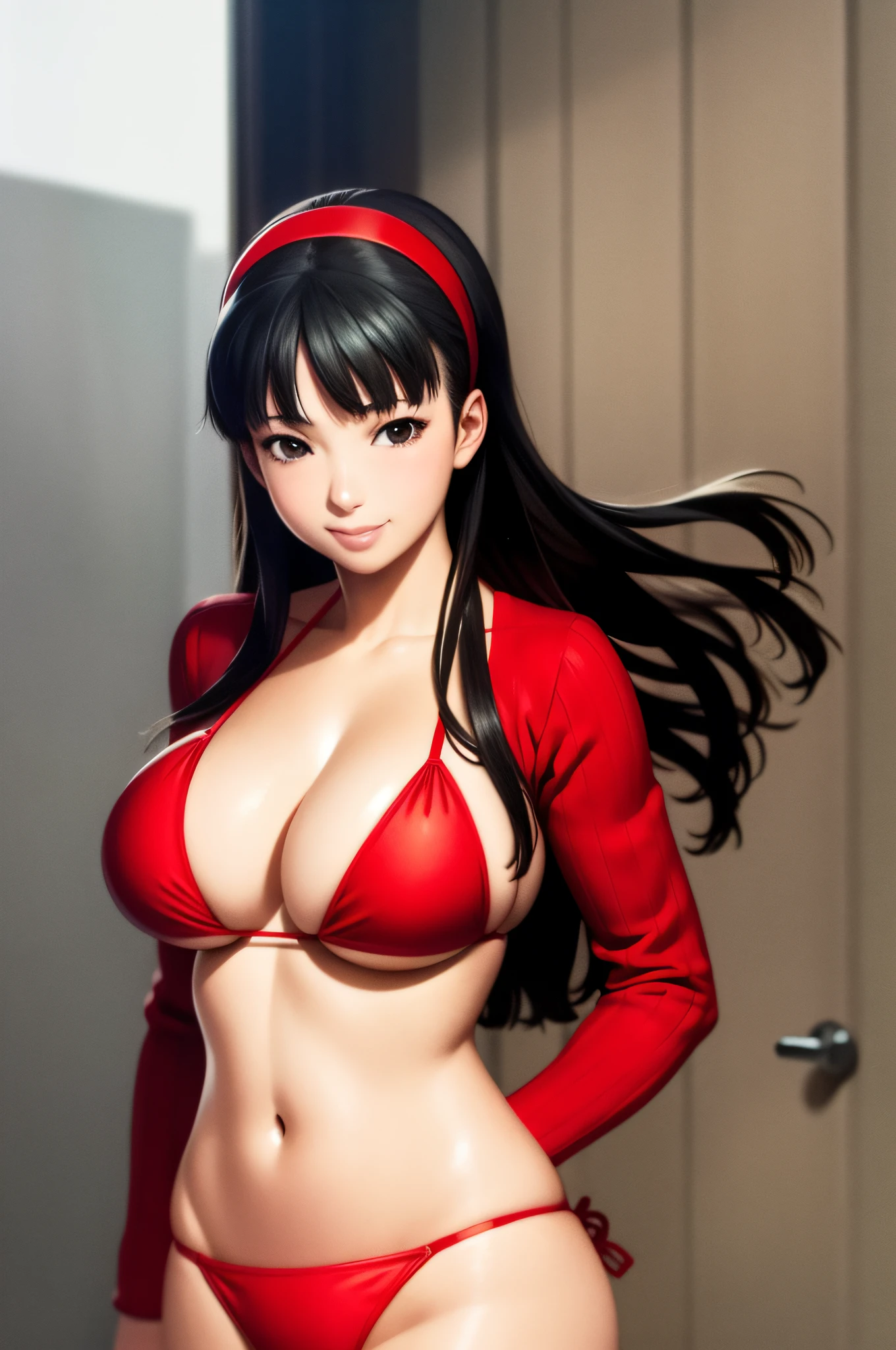(realistic:1.5),1 girl,solo,yukiko,smile,(red bikini:1.2),(huge breasts:1.3),beac,black thigh highs