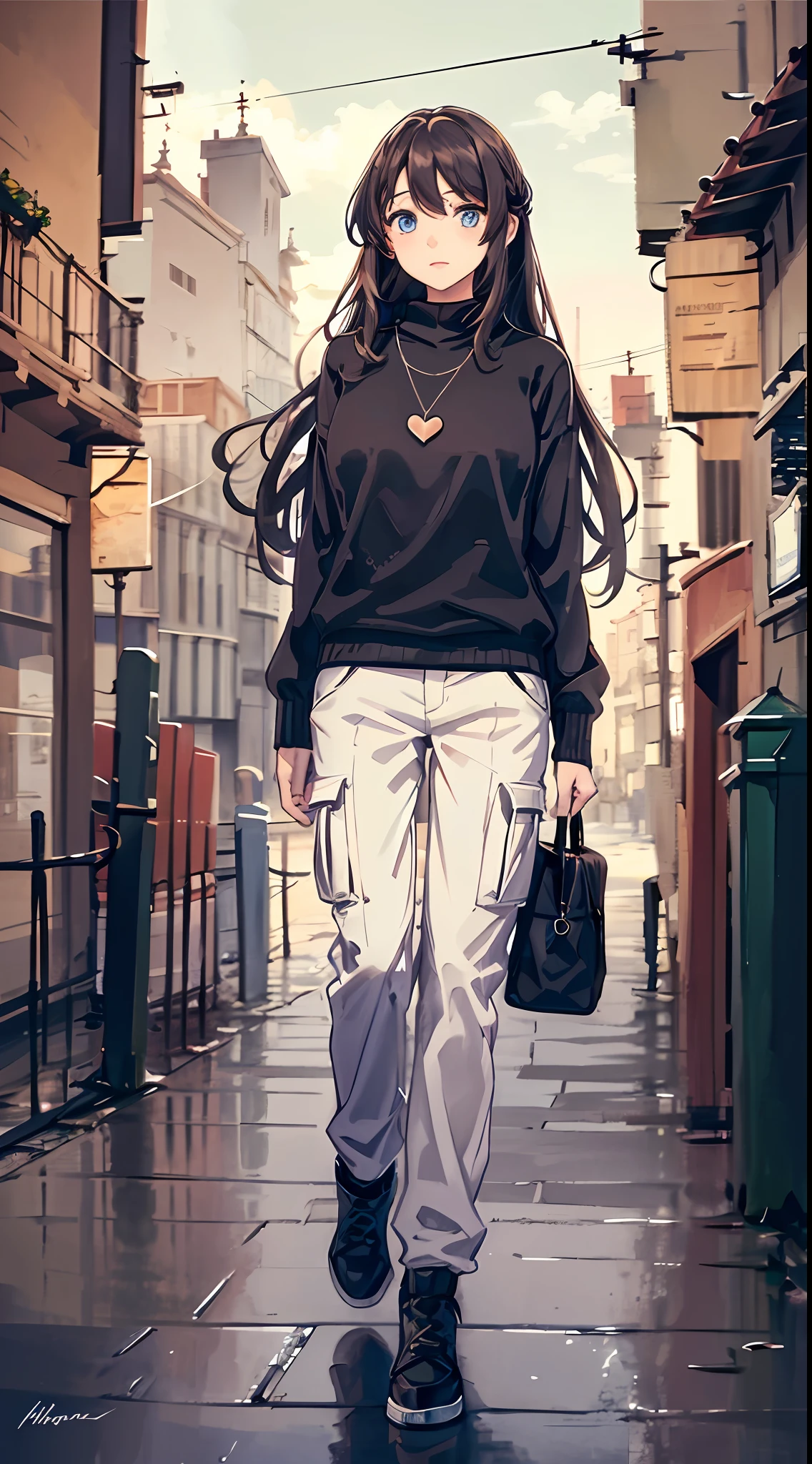 4k, winter scenery, Beautiful woman, long hair, brown hair, medium breasts, blue eyes, white sweater, cargo pants, neon heart necklace, sky looking up, night