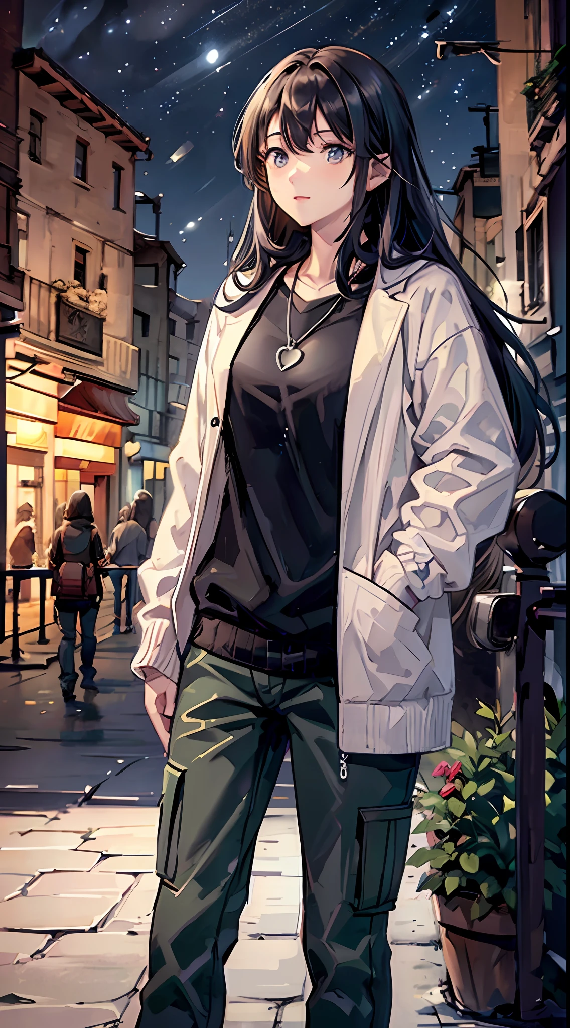 4k, winter scenery, Beautiful woman, long hair, brown hair, medium breasts, blue eyes, white sweater, cargo pants, neon heart necklace, sky looking up, night