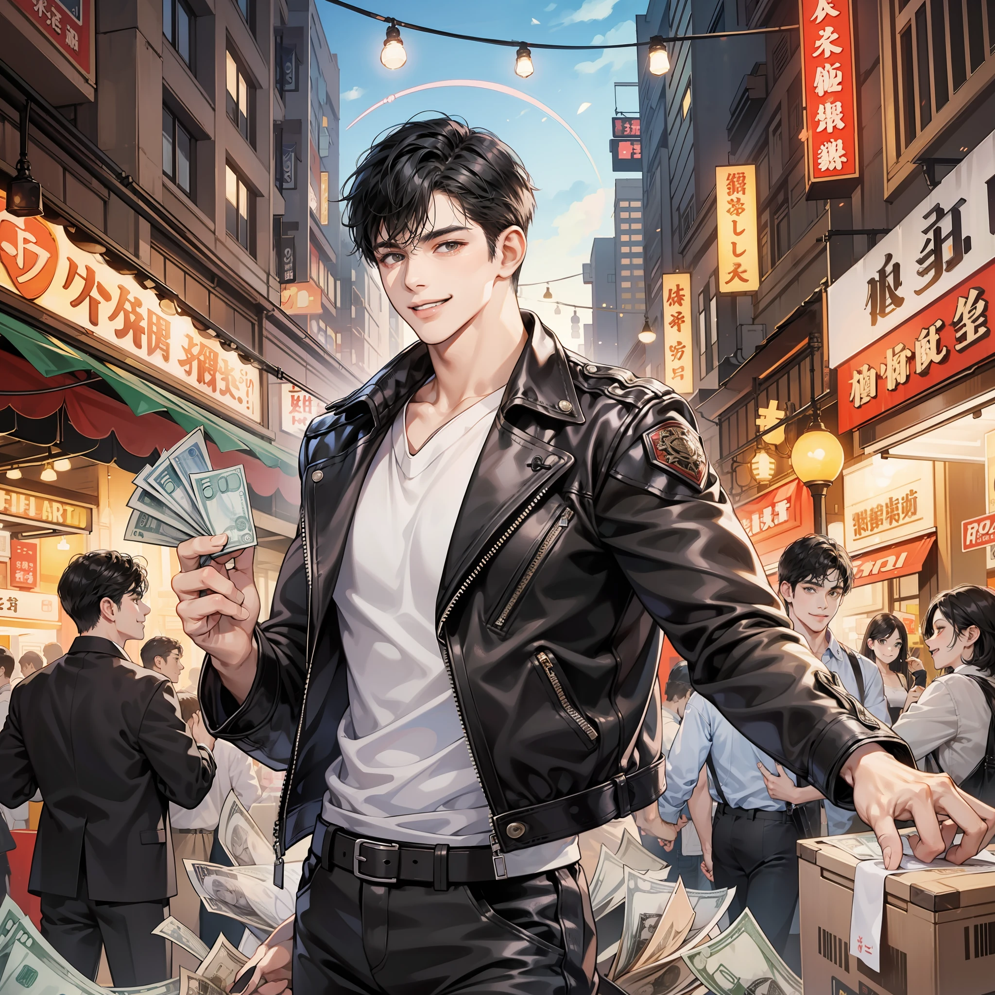 A man with short black hair, leather jacket, smiling, holding a stack of money in his hand, bustling night market street