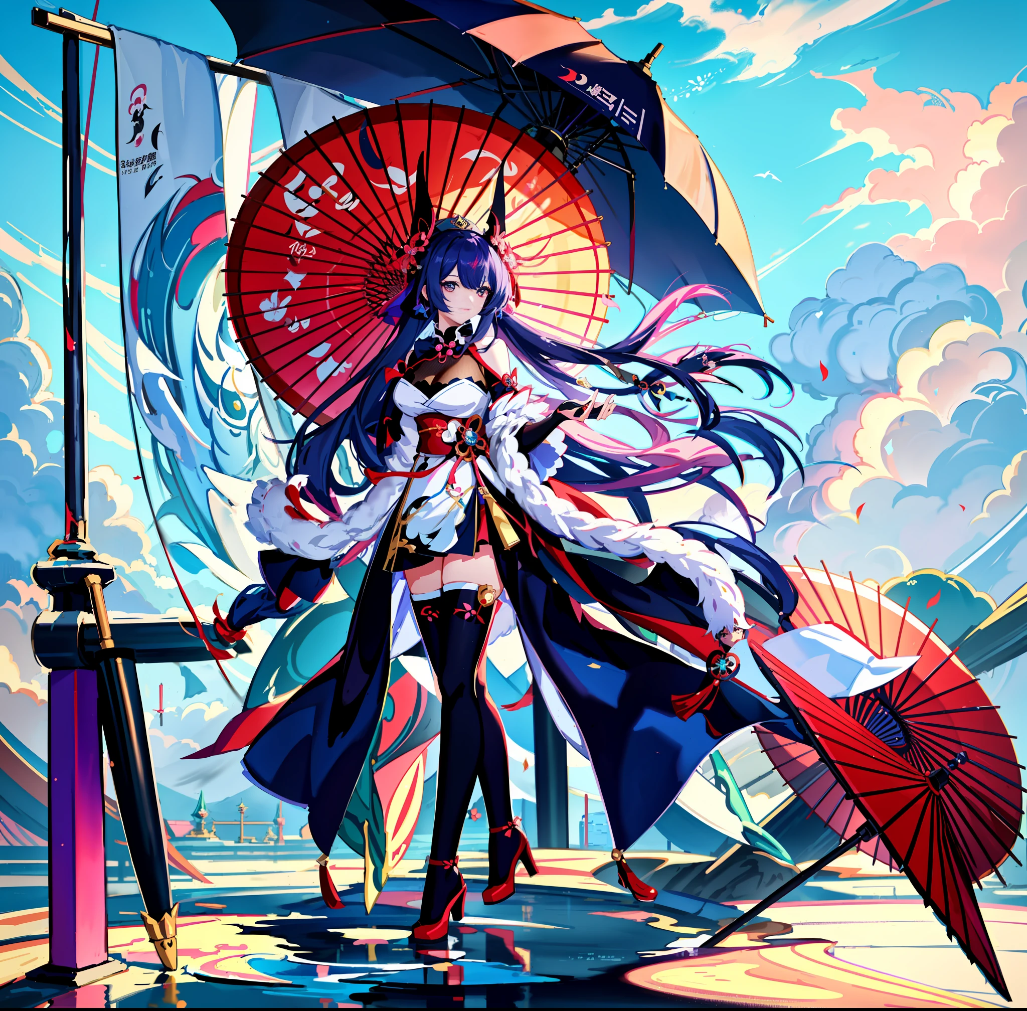 anime girl with umbrella and umbrella stand on a platform, anime style 4 k, anime goddess, trending on artstation pixiv, keqing from genshin impact, anime art wallpaper 8 k, onmyoji, ayaka genshin impact, anime art wallpaper 4 k, anime art wallpaper 4k, anime illustration, beautiful anime artwork, anime art, high detailed official artwork