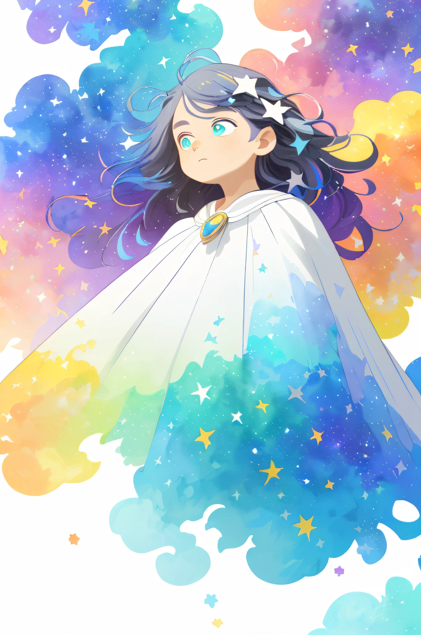 ((masterpiece)), (((best quality))), ((ultra-detailed)), ((illustration)),[realism light effect],shadow,(Fantasy style),(white background:1.6), simple background, (earth theme),(a cloak)[(hair focus,((1girl)),[(big slime hair): (cloud hair):0.3], (hair on background),(high saturation),(hair surrounded by galaxy splashes),)):((her hair is becoming galaxy clouds,:1.27628), (hair and clothes is galaxy clouds and cluster of stars:1.1025),(a cloak is becoming galaxy clouds)(colorful_galaxy_print_clusters_of_stars_print:1.35),((detailed starry sky with colorful galaxy and galaxy clouds):1.2)):0.35], (((masterpiece))),(((best quality))),((ultra-detailed)),(illustration),(dynamic angle),((floating)),(paint),((disheveled hair)),((beautiful detailed face)),collar,bare shoulders, ((colorful hair)),((streaked hair)),beautiful detailed eyes,(Gradient color eyes),(((colorful eyes))),(((colorful background))),(((high saturation))),(((surrounded by colorful splashes))),(((surrounded by colorful dot))),colorful bubble,((shining)),