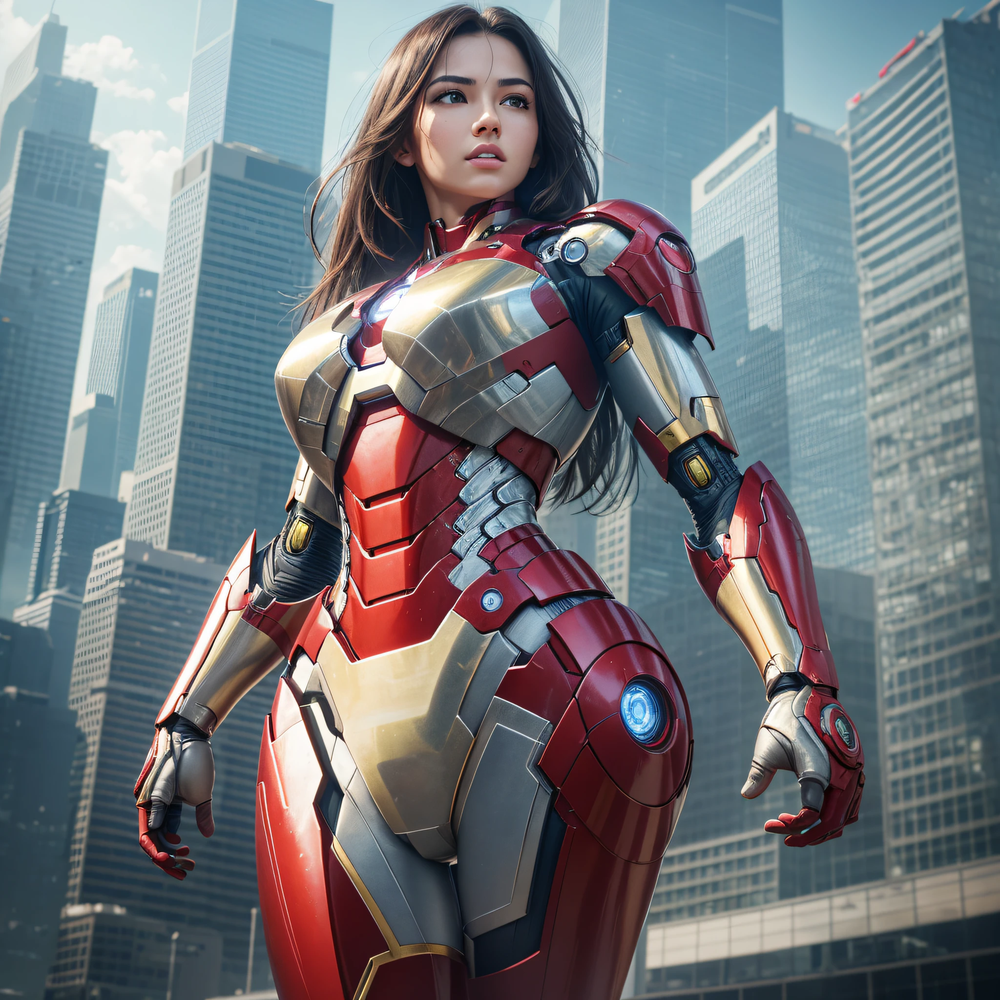 RAW, masterpiece, super fine photo, best quality, super high resolution, photorealistic realism, sunlight, full body portrait, amazing beauty, dynamic pose, delicate face, vibrant eyes, (viewed from the side), she wears iron man mecha, very detailed background, detailed face, detailed complex busy background, messy, gorgeous, red, highly detailed skin, realistic skin details, visible pores, sharp focus, tall posture, volumetric fog, 8k uhd, DSLR camera, high quality, Film grain, fair skin, photorealism, lomography, sprawling metropolis in futuristic dystopia, seen from below, translucent --auto --s2