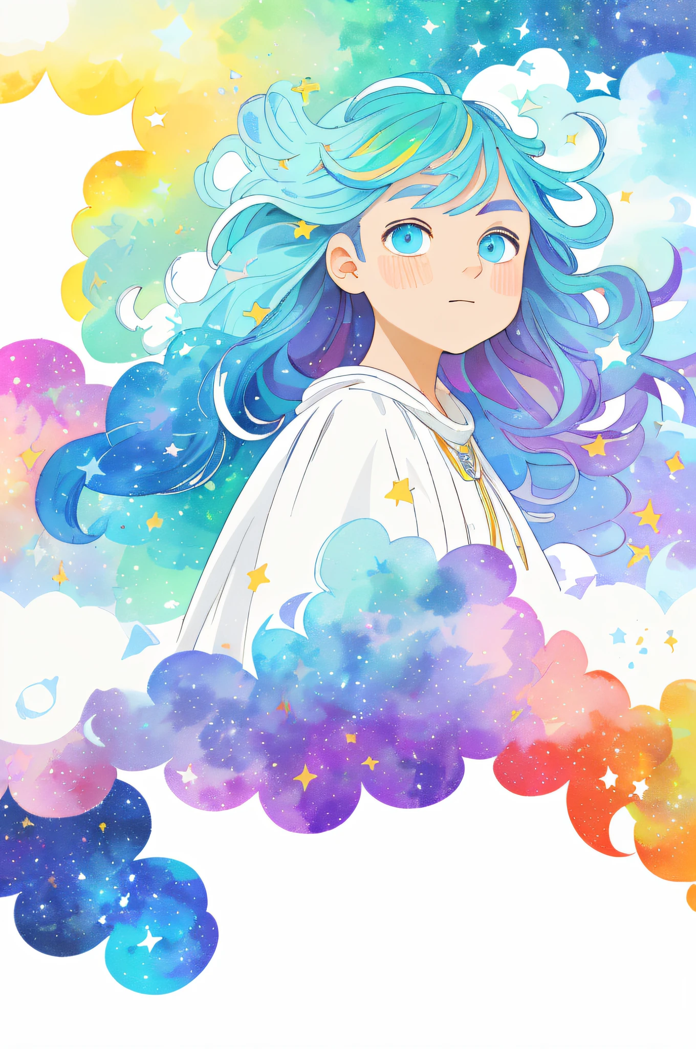 ((masterpiece)), (((best quality))), ((ultra-detailed)), ((illustration)),[realism light effect],shadow,(Fantasy style),(white background:1.6), simple background, (earth theme),(a cloak)[(hair focus,((1girl)),[(big slime hair): (cloud hair):0.3], (hair on background),(high saturation),(hair surrounded by galaxy splashes),)):((her hair is becoming galaxy clouds,:1.27628), (hair and clothes is galaxy clouds and cluster of stars:1.1025),(a cloak is becoming galaxy clouds)(colorful_galaxy_print_clusters_of_stars_print:1.35),((detailed starry sky with colorful galaxy and galaxy clouds):1.2)):0.35], (((masterpiece))),(((best quality))),((ultra-detailed)),(illustration),(dynamic angle),((floating)),(paint),((disheveled hair)),((beautiful detailed face)),collar,bare shoulders, ((colorful hair)),((streaked hair)),beautiful detailed eyes,(Gradient color eyes),(((colorful eyes))),(((colorful background))),(((high saturation))),(((surrounded by colorful splashes))),(((surrounded by colorful dot))),colorful bubble,((shining)),