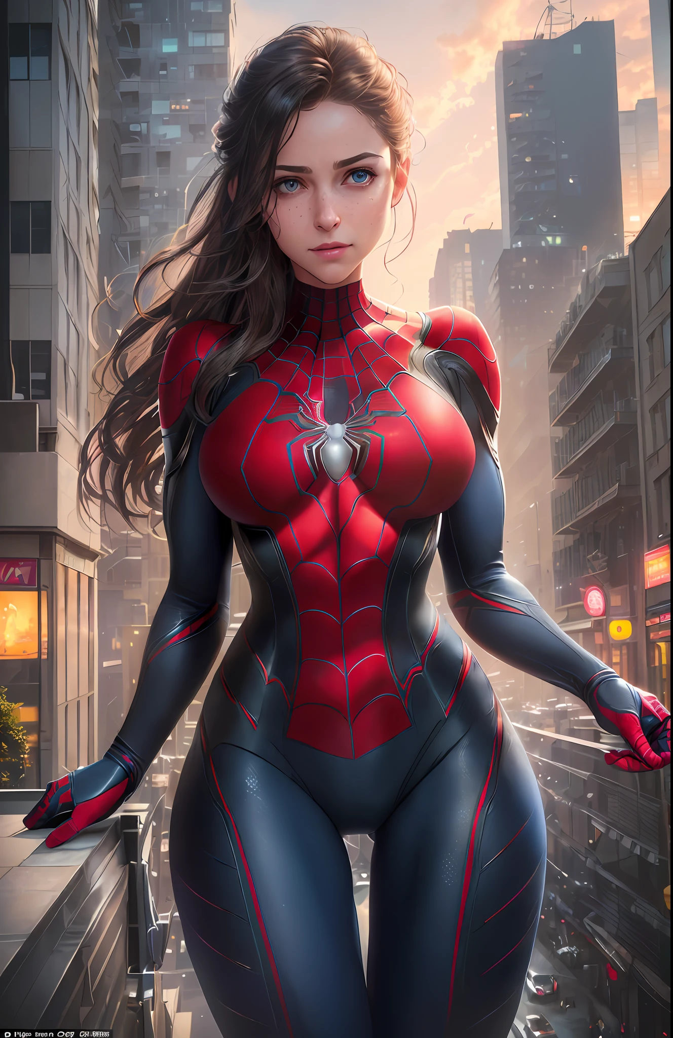 (Realisticity: 1.5, Ultra Realistic, (Very Detailed Eyes), Ultra Detailed, Soft Lighting, (Detailed Background), Extreme Detail Background, Sharp Detail, ((Full Body)), Female Spider-Man, Tear/Open Front of Costume, Exposed Chest, Blushing, Hanging on Side of Building, Big Butt, Protruding Chest, 2 Protruding Dots on Chest