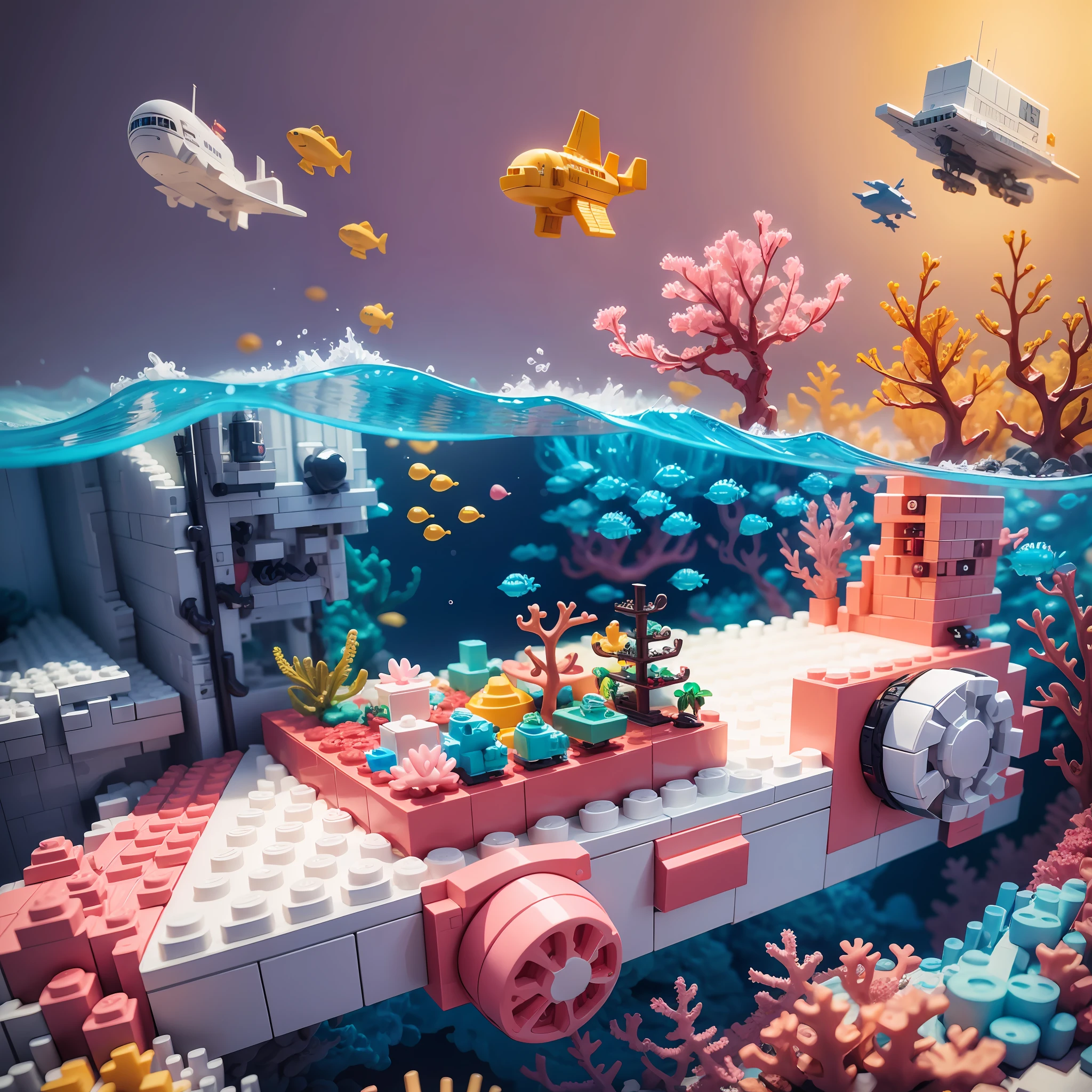 Lego style,乐高海底世界scene,Pink coral reef, Ocean World,Small Submarine,front view,rich color matching, blind box style, toy model,voxel,非常详细,超高分辨率,2K UHD --auto --s2