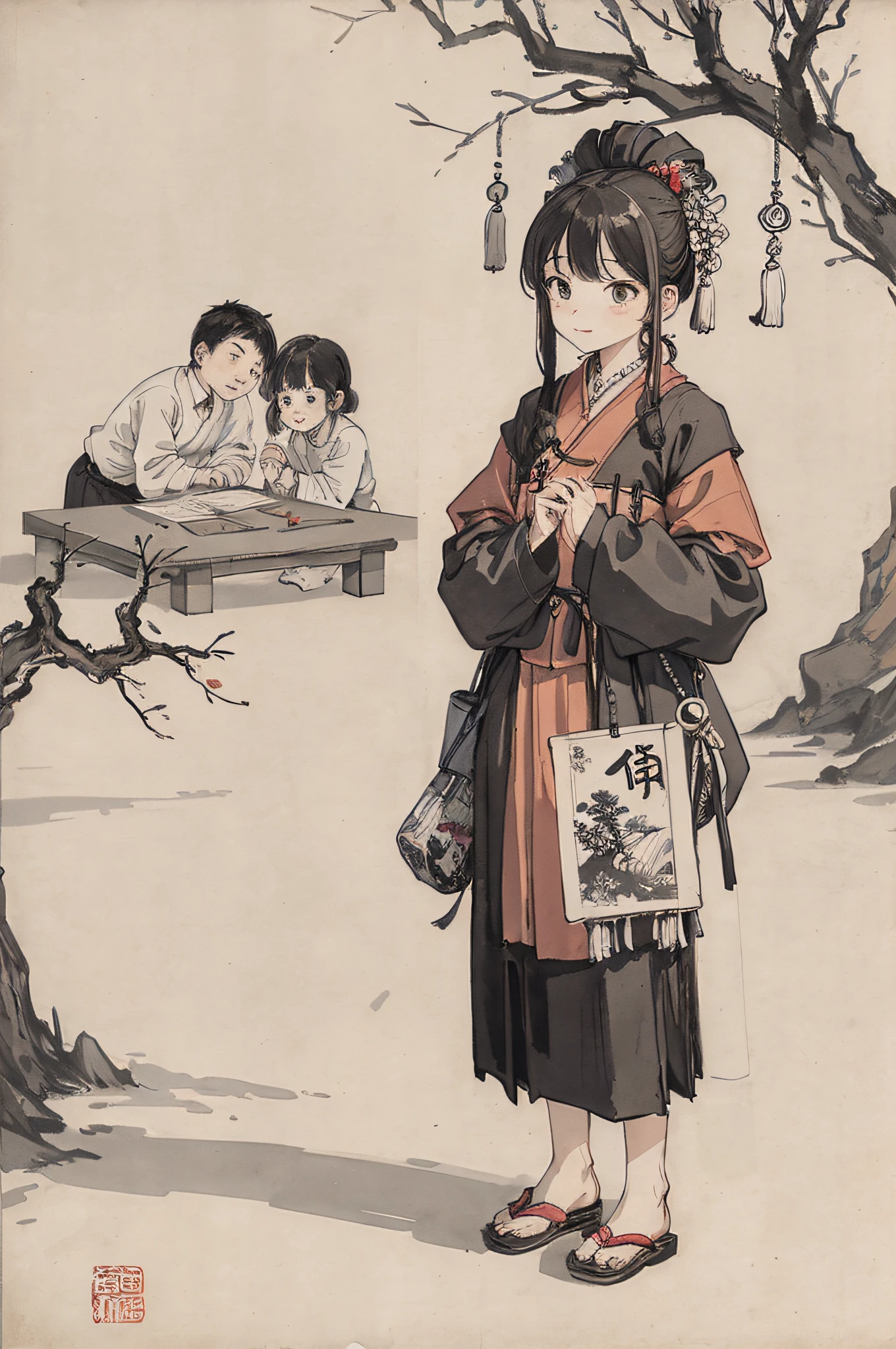 (masterpiece, best quality: 1.2), traditional Chinese ink painting, two children