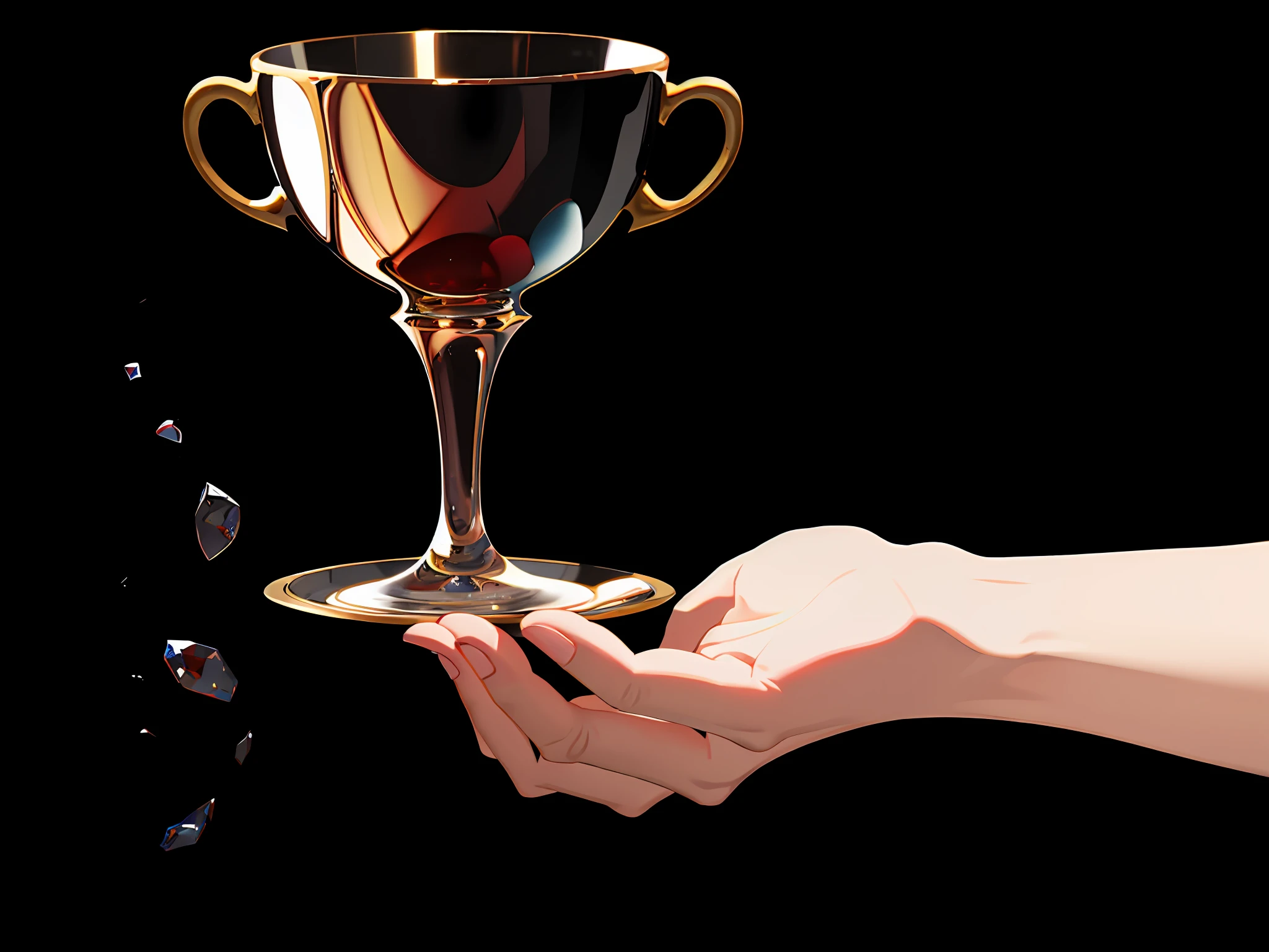 Black background, one hand holding a silver cup, the other hand, the cup is filled with red blood, red blood is full from the edge of the cup, HD details, super details,