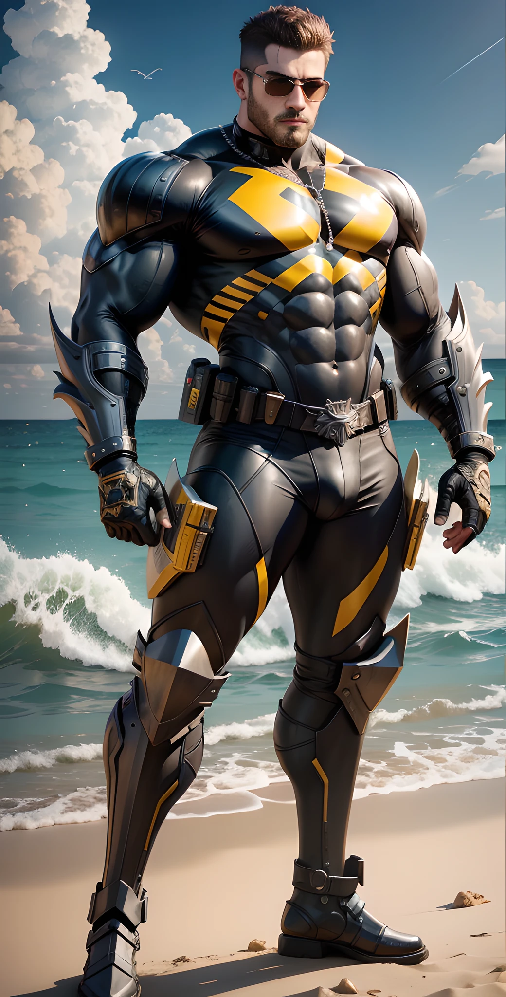 Arad man in black and yellow clothes standing by the sunny sea, muscular male hero, conceptual art like Ernest Khalimov, heroic male pose, muscular! Wearing black sunglasses, round head Buzz Cut, cyberpunk, stealth suit, super buff and cool, high resolution committee, Chris Redfield, Jigachard muscle, Ernest Khalimov body, character design police, black military boots, charismatic strong male with armor