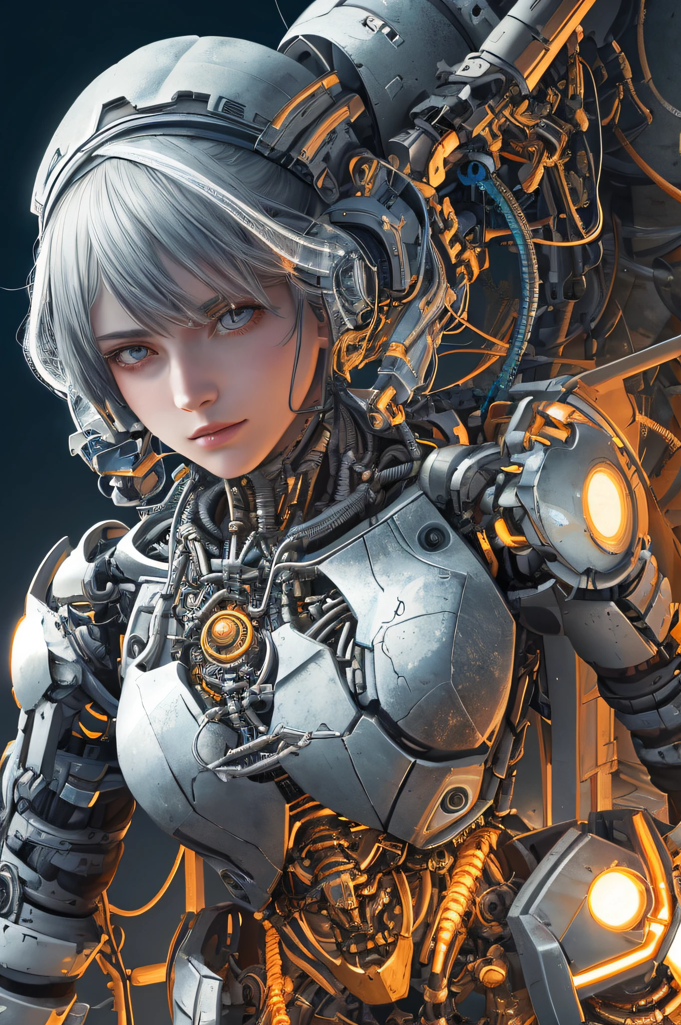 1mechanical girl,((ultra realistic details)), portrait, global illumination, shadows, octane render, 8k, ultra sharp,metal,intricate, ornaments detailed, cold colors, egypician detail, highly intricate details, realistic light, trending on cgsociety, glowing eyes, facing camera, neon details, machanical limbs,blood vessels connected to tubes,mechanical vertebra attaching to back,mechanical cervial attaching to neck,sitting,wires and cables connecting to head