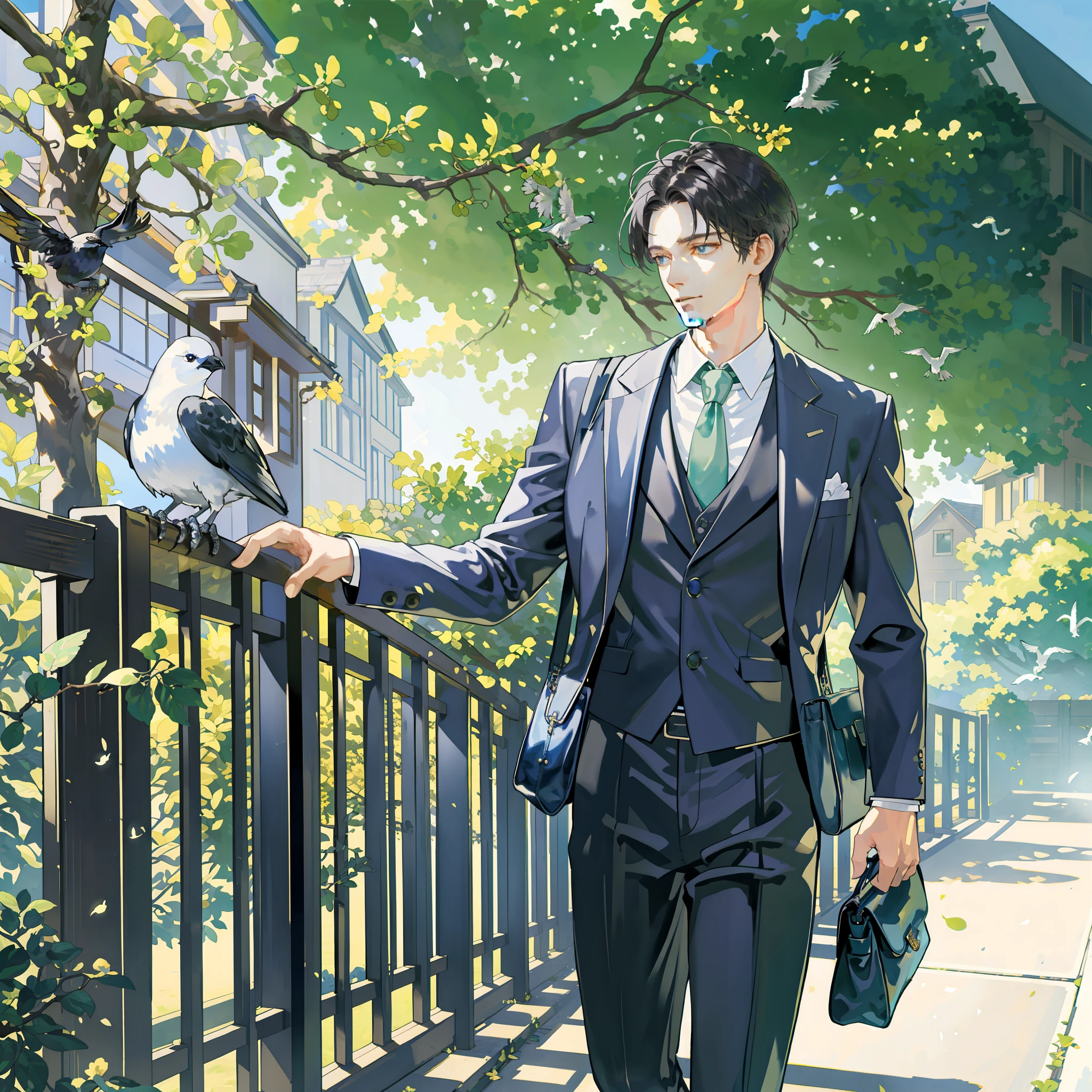 (masterpiece, top quality, super detailed), detailed eyes and detailed face, 1 man in his 40s, male focus, handsome, residential area, fence, spindle tree, afternoon sunlight, after school, suit, hand-held bag, flock of birds, from the side, depth of field