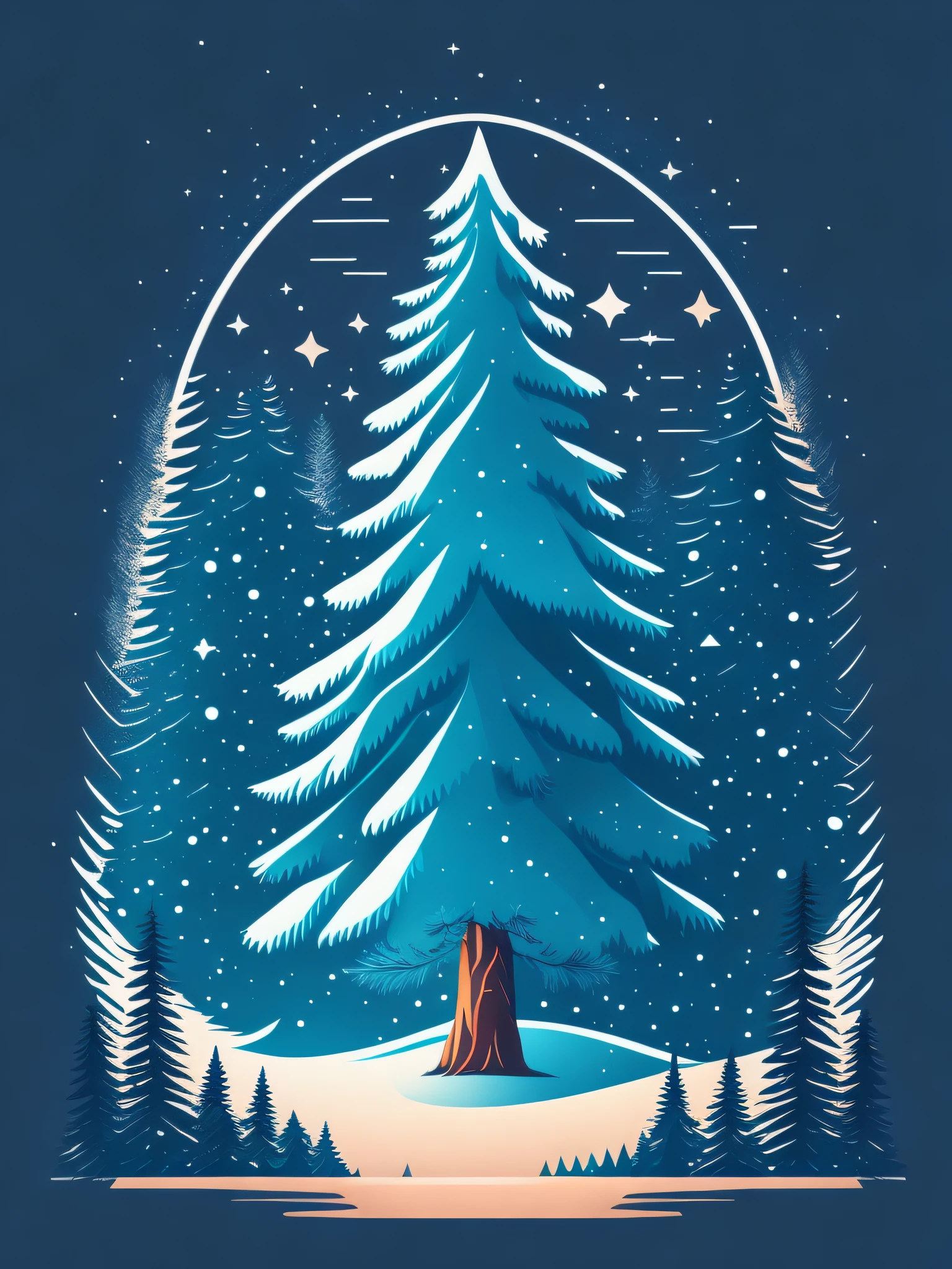 A spruce tree in a winter landscape, t-shirt design, rzminjourney, vector art