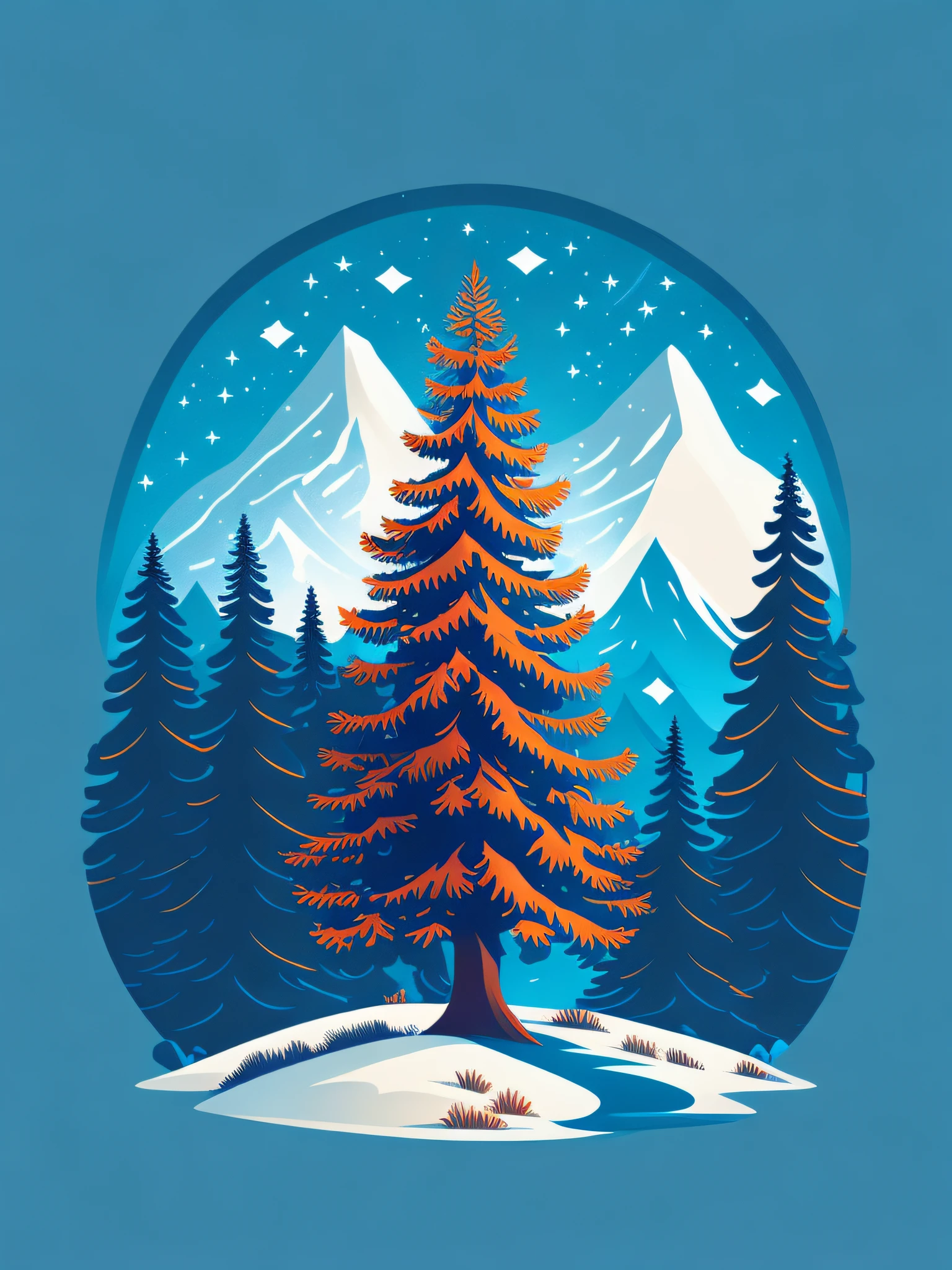 A spruce tree in a winter landscape, t-shirt design, rzminjourney, vector art
