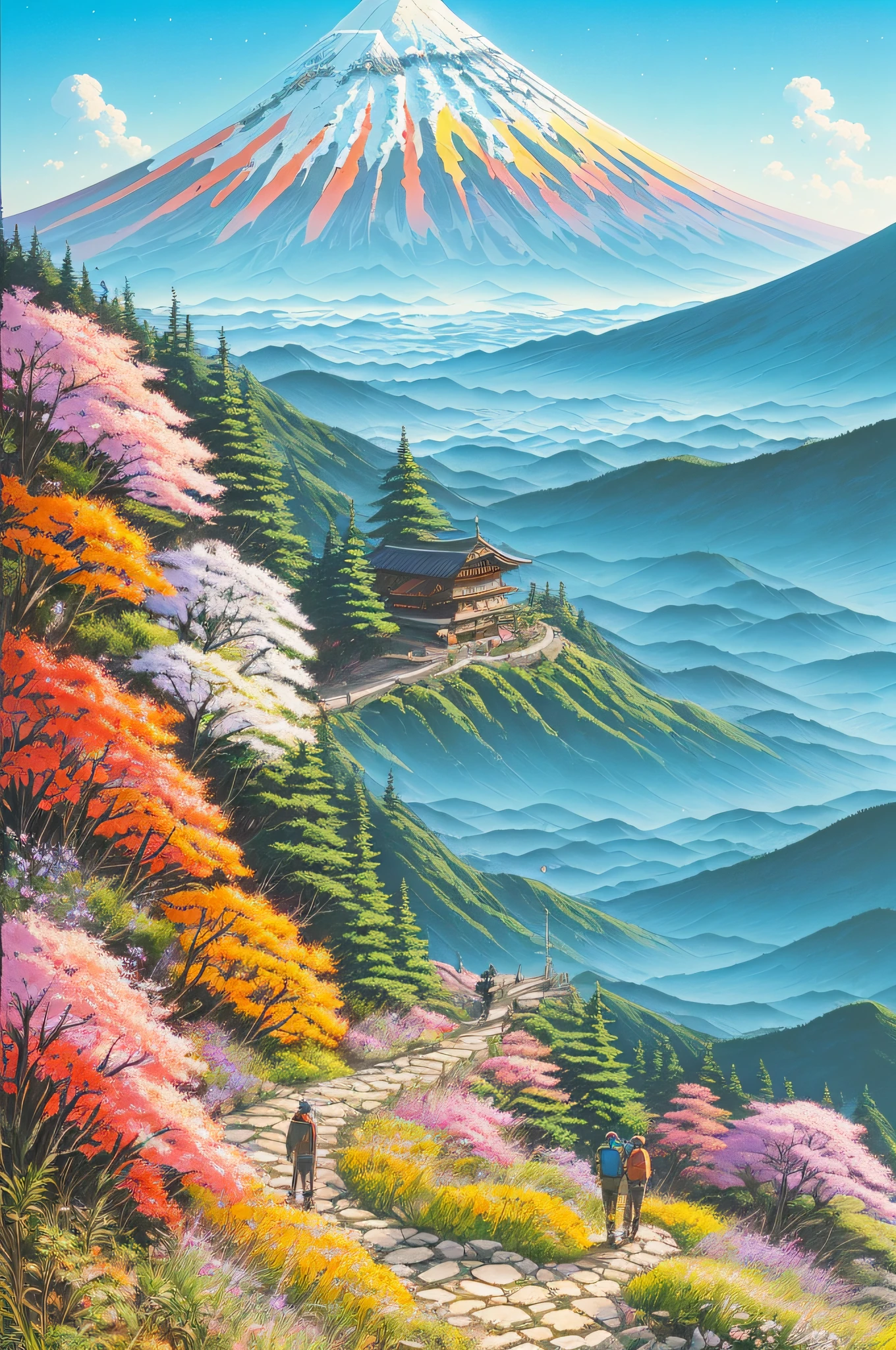 Real and real life beautiful hiking trail with background by Greg Rutkowski, Laurie Grizzley style, Studio Ghibli, Akira Toriyama, James Gilliard, Genshin Impact, trending pixiv fan box, acrylic palette knife, 4K, (vivid colors), (saturated), Devinart, trending at art station, Mount Fuji