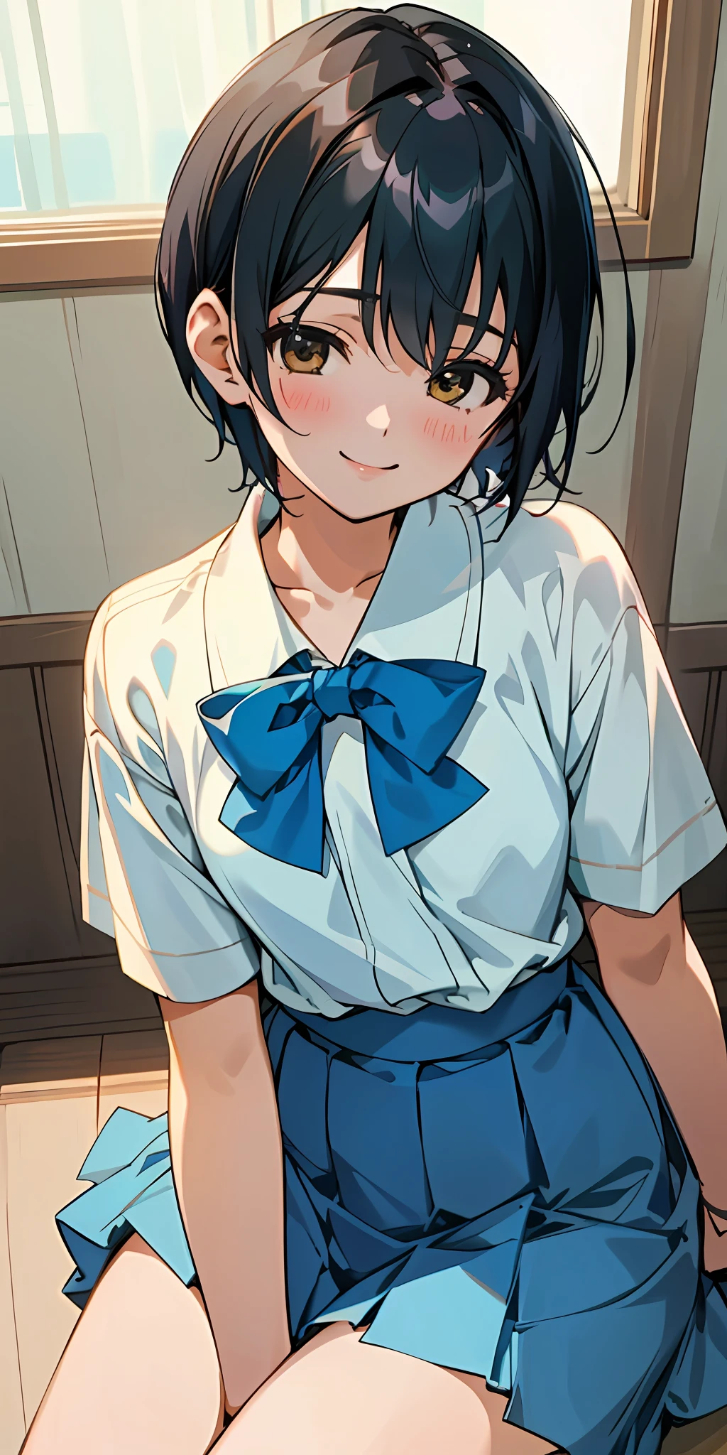 One beautiful and delicate portrait of a girl with a soft and peaceful look, looking at the viewer, uniform, sitting, cowboy shot, smiling, blue skirt, indoor, (top quality, masterpiece, hyperrealism), Takamichi style, Kai heart love of STU48, short hair like a boy, black hair.