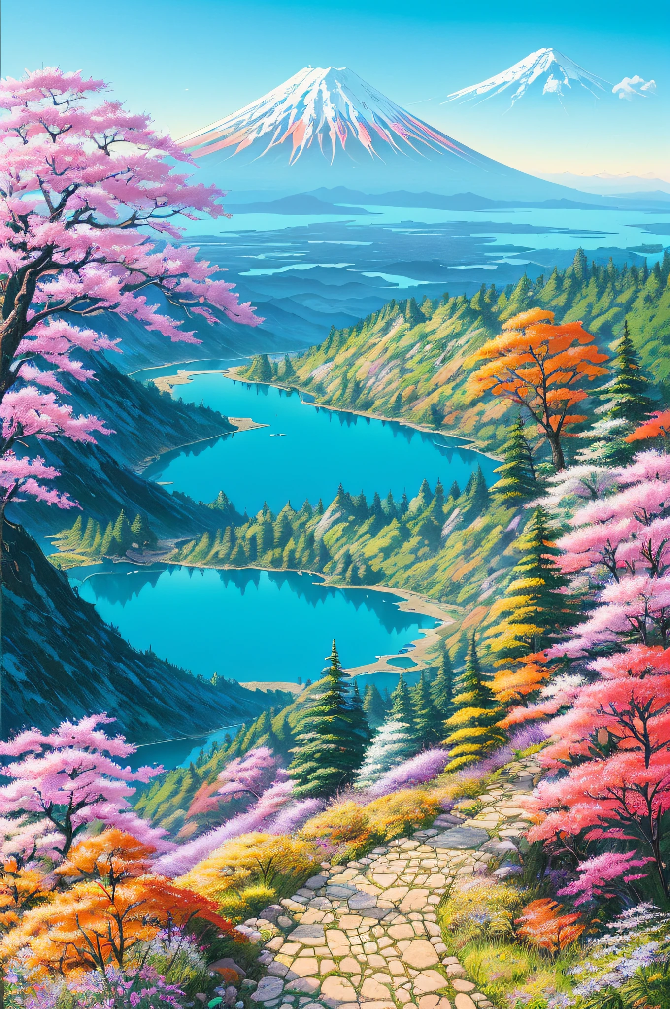 Real and real life beautiful hiking trail with background by Greg Rutkowski, Laurie Grizzley style, Studio Ghibli, Akira Toriyama, James Gilliard, Genshin Impact, trending pixiv fan box, acrylic palette knife, 4K, (vivid colors), (saturated), Devinart, trending at art station, Mount Fuji